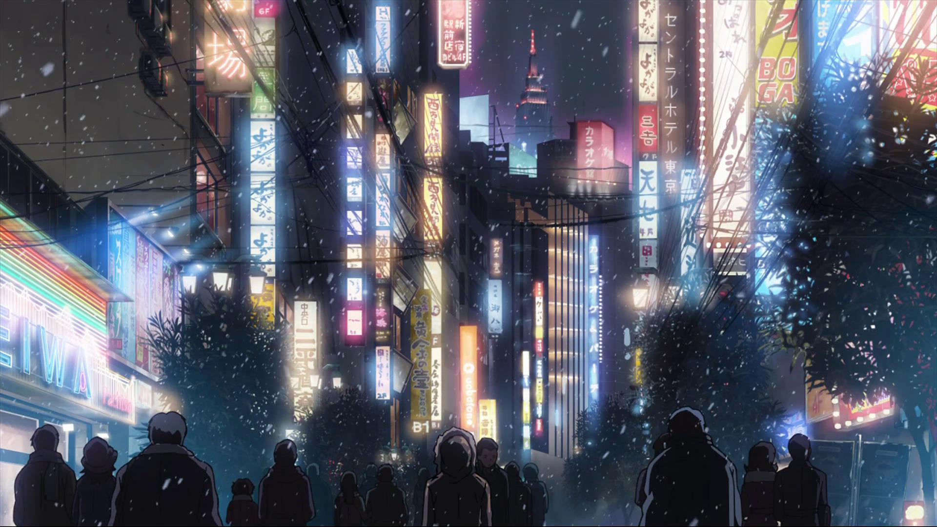 People walking in the streets of a futuristic city at night - Anime city