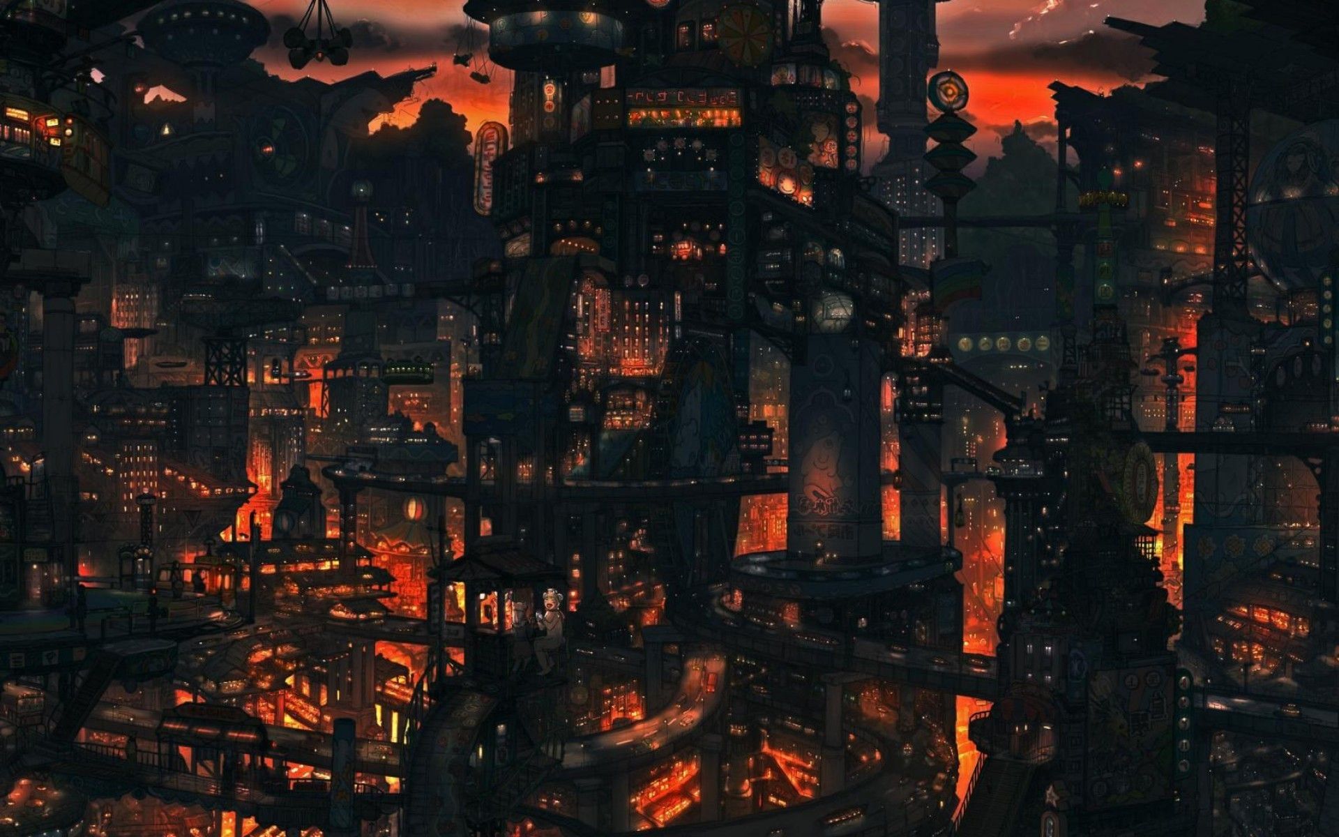 A city scene with lots of buildings and fire - Anime city