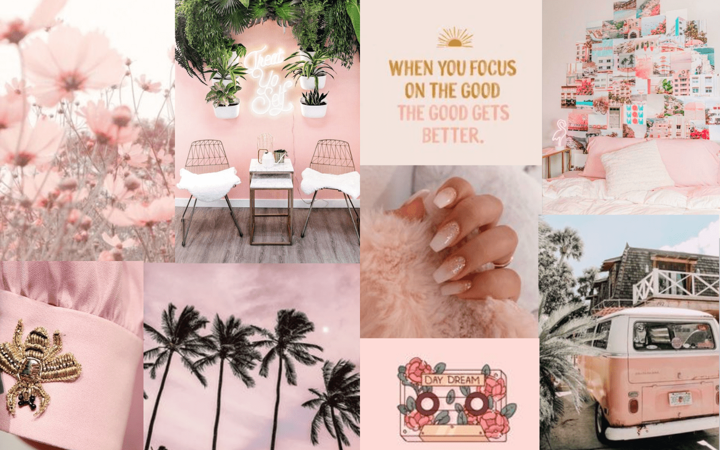 A collage of pink aesthetic images including palm trees, a VW van, and a quote that says 