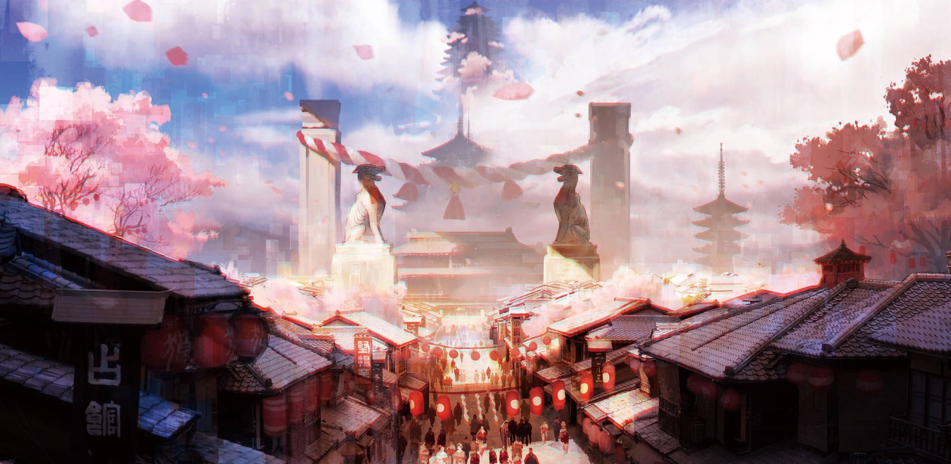 A digital painting of a Japanese village with cherry blossoms - Anime city, Japanese