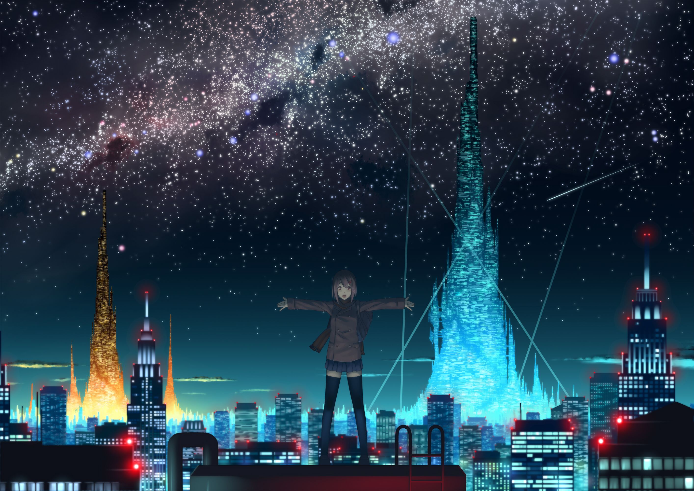 A person standing on top of the city looking at stars - Anime city