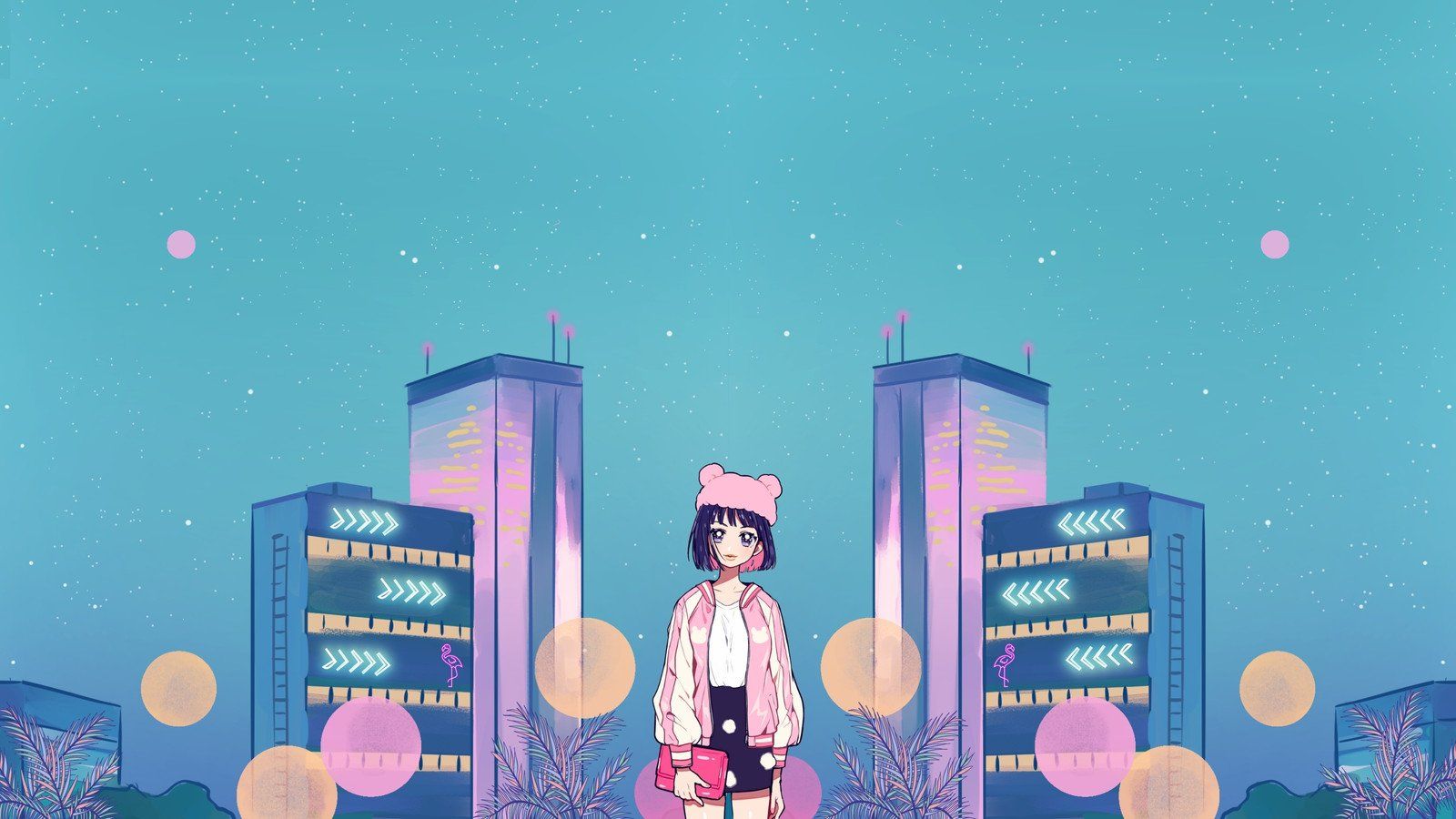 A girl is standing in front of some buildings - Anime city, 90s anime, anime