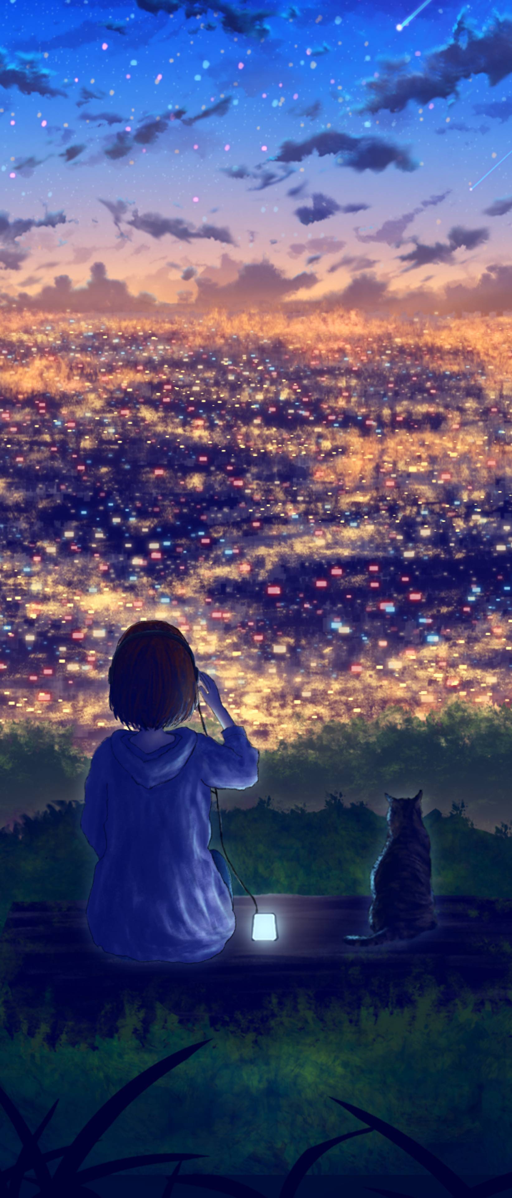 A girl and her cat watching the city lights - Anime city