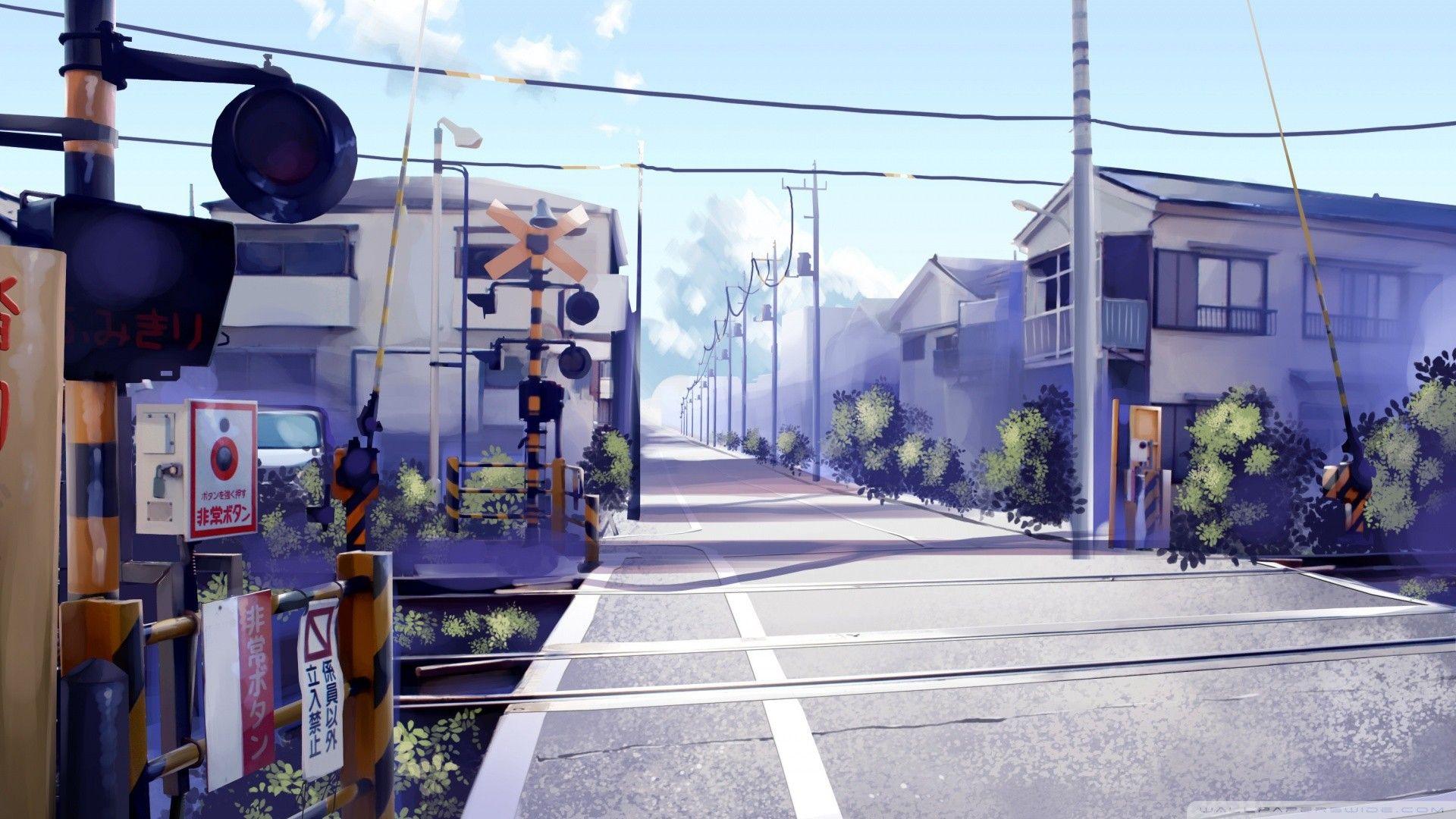 A street with houses and signs on it - Anime city