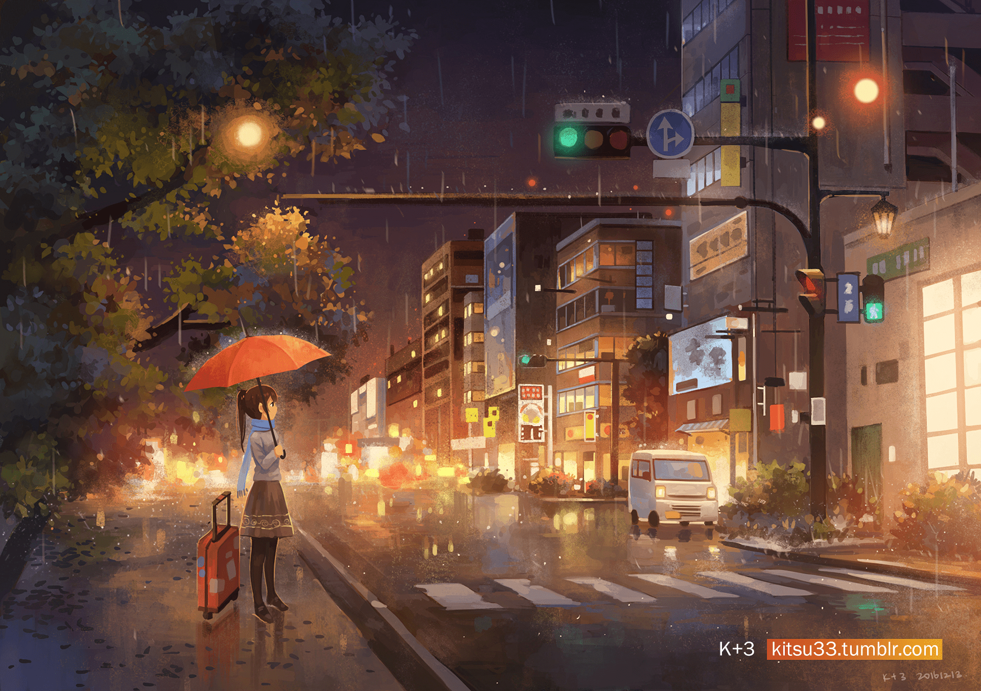 A digital painting of a woman with an umbrella standing on a street corner - Anime city