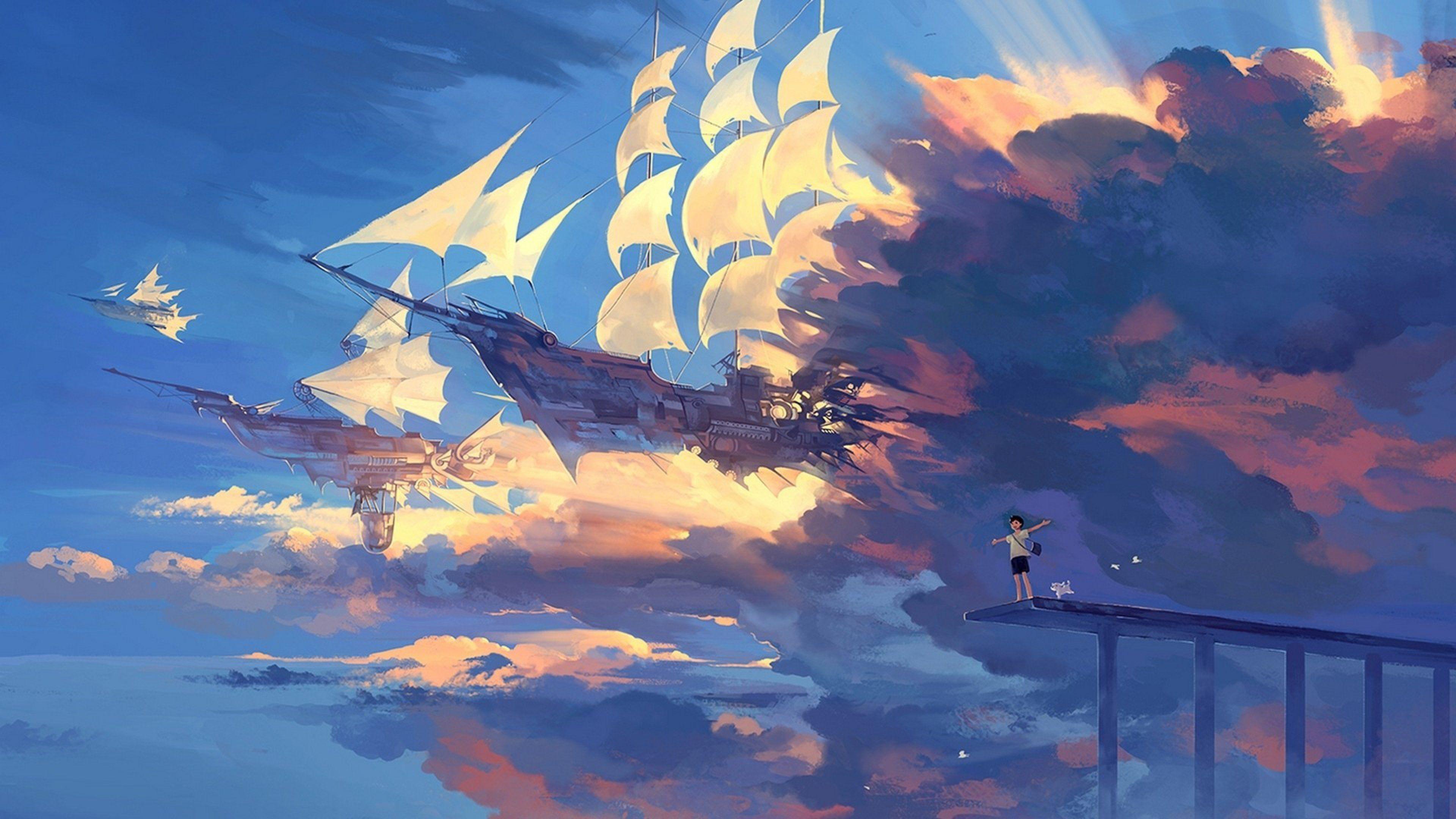 A painting of ships in the sky - Anime landscape, anime, blue anime