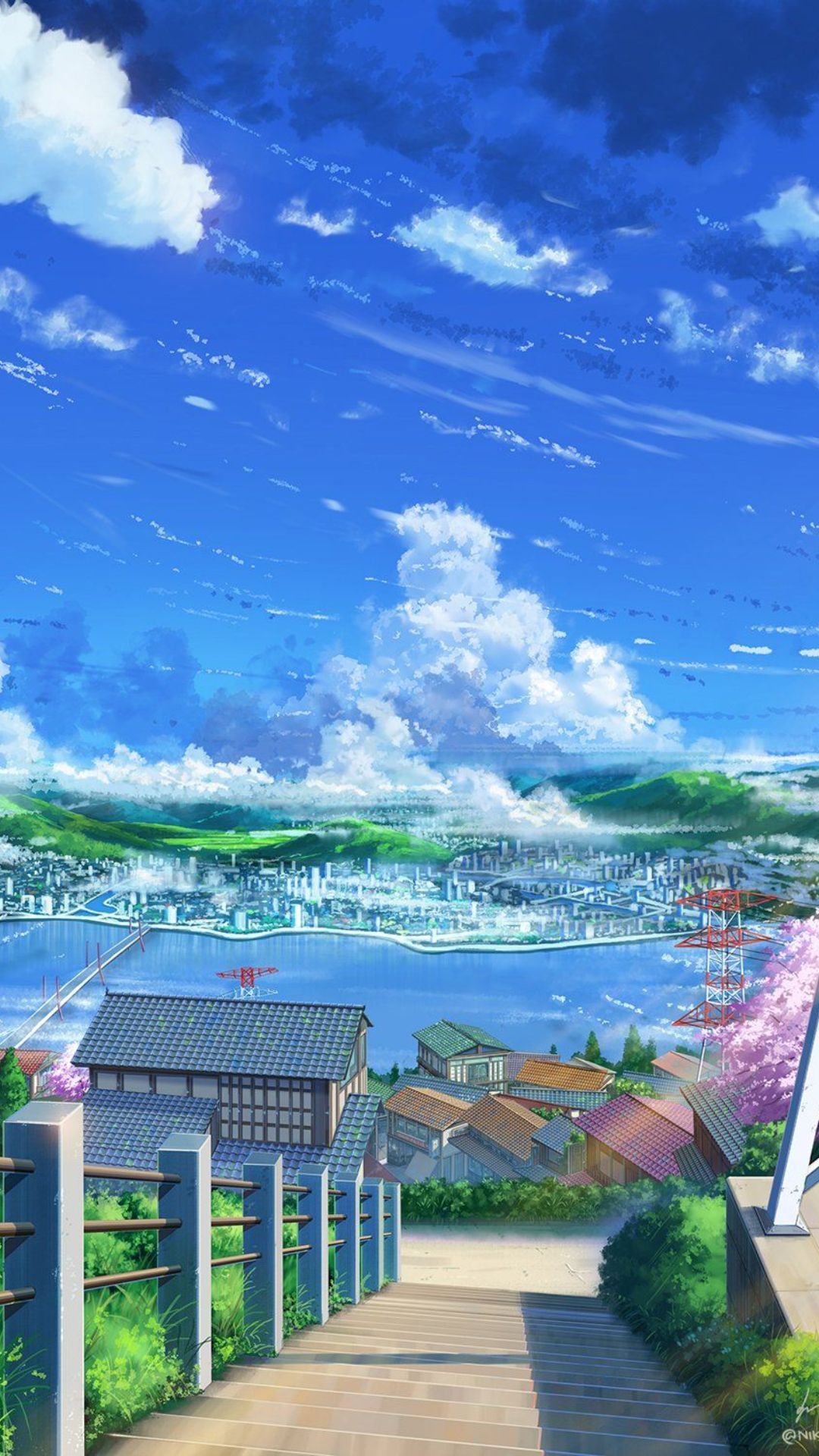 A painting of an asian city with mountains in the background - Anime landscape