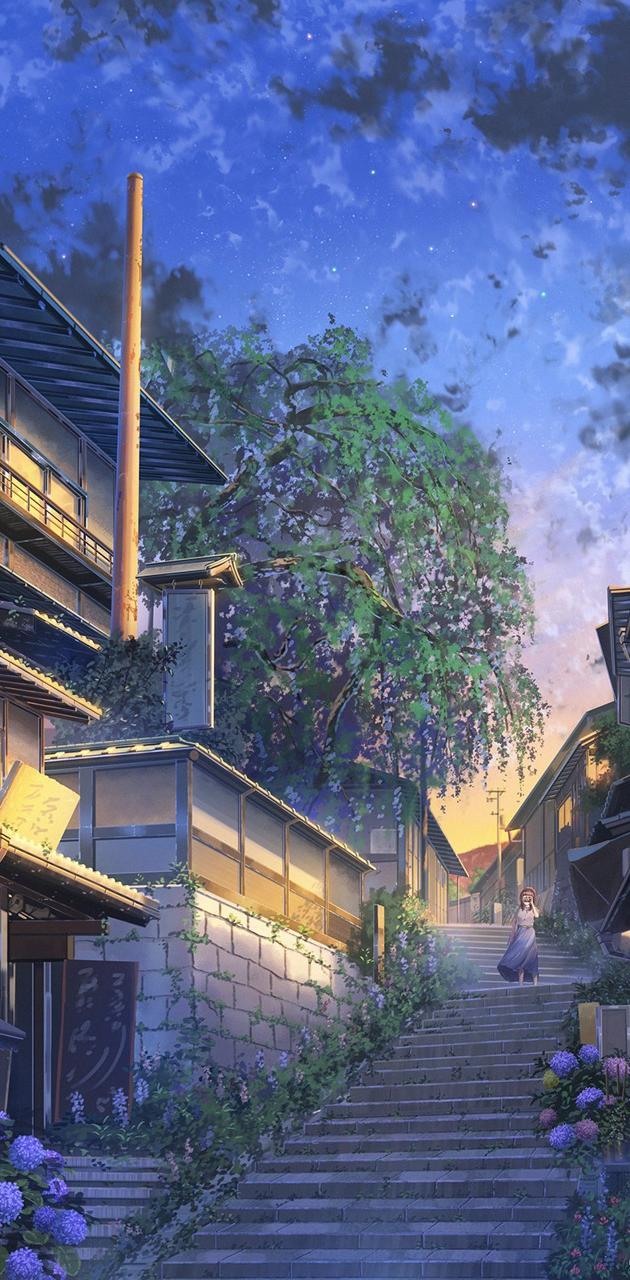 IPhone wallpaper anime, anime scenery, anime houses, stairs, blue sky, 1080x1920, anime iPhone wallpaper - Anime landscape