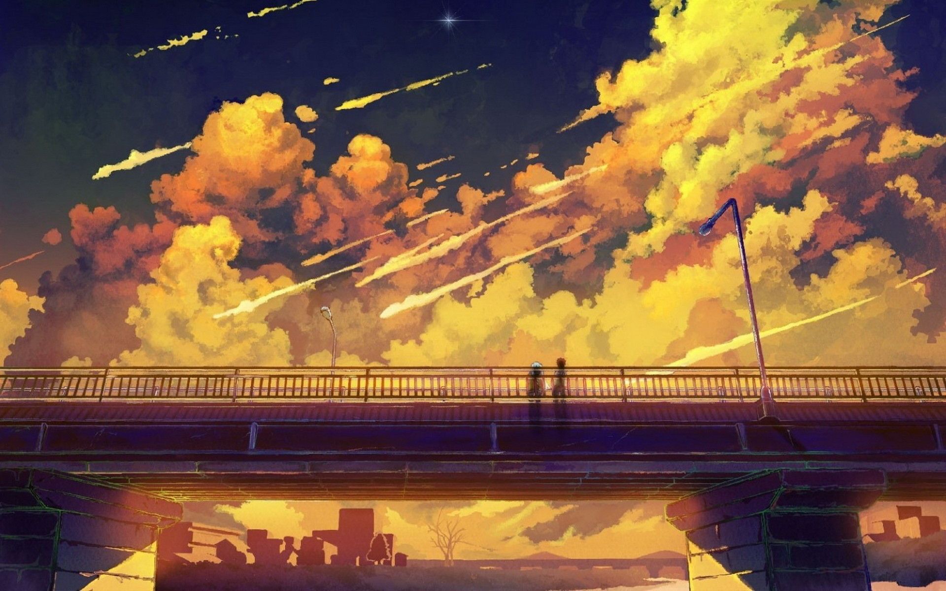 A painting of people on the bridge with clouds in front - Anime landscape