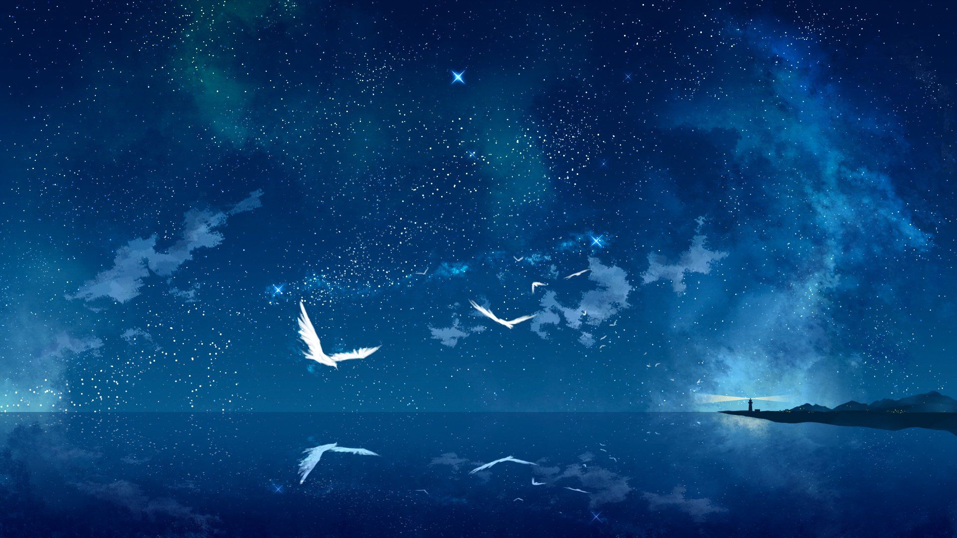Birds flying in the night sky wallpaper 1920x1080 - Anime landscape