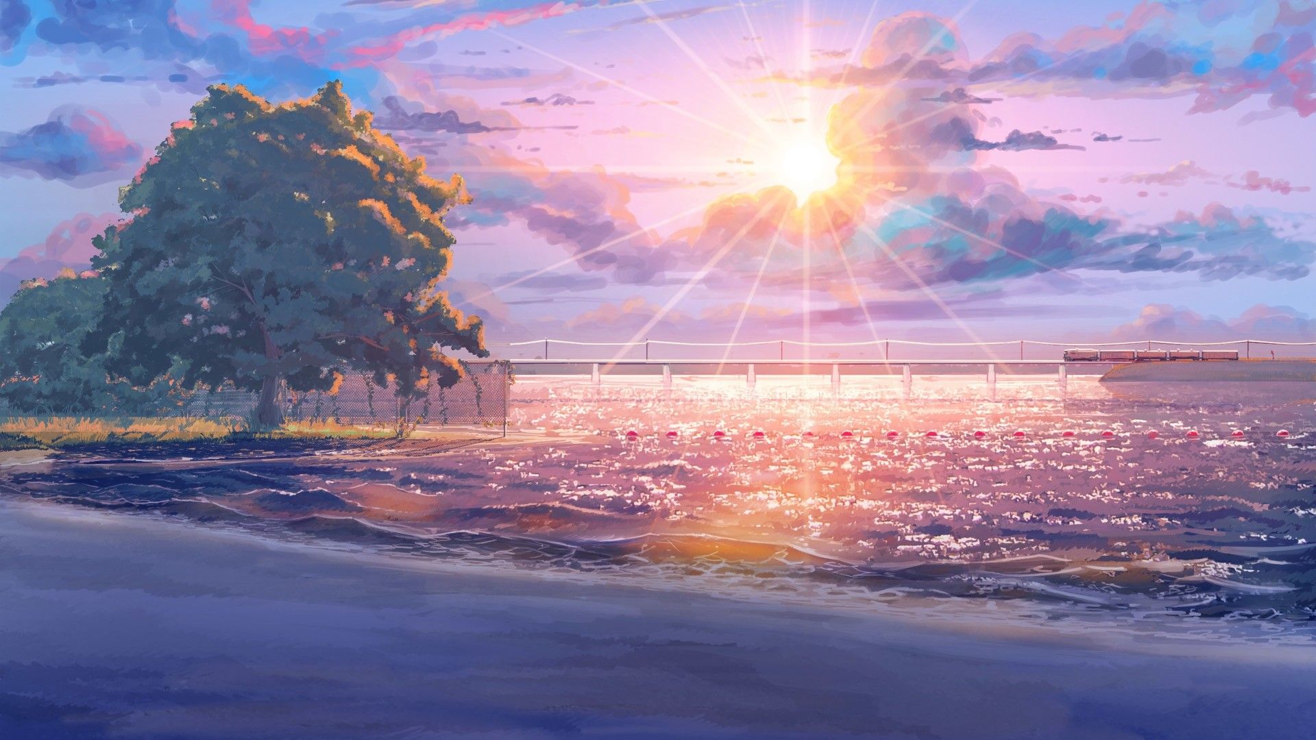 Anime scenery sunset beach wallpaper background for your desktop laptop computer - Anime landscape, landscape