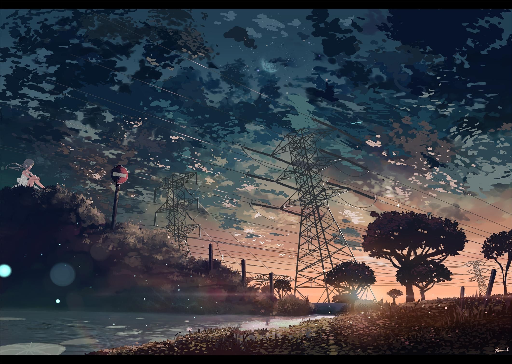 This image is a digital painting of a landscape at sunset. The sky is filled with dark clouds and shooting stars. In the foreground, there is a river flowing to the right. On the riverbank, there are several trees, and a few power lines can be seen going across the sky. - Anime landscape, sunrise