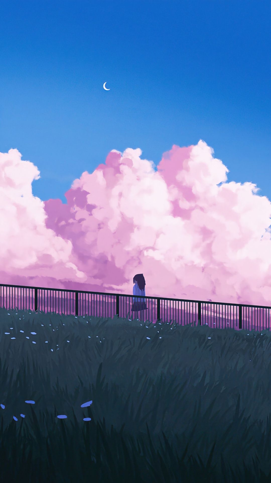A person sitting on the grass looking at clouds - Anime landscape
