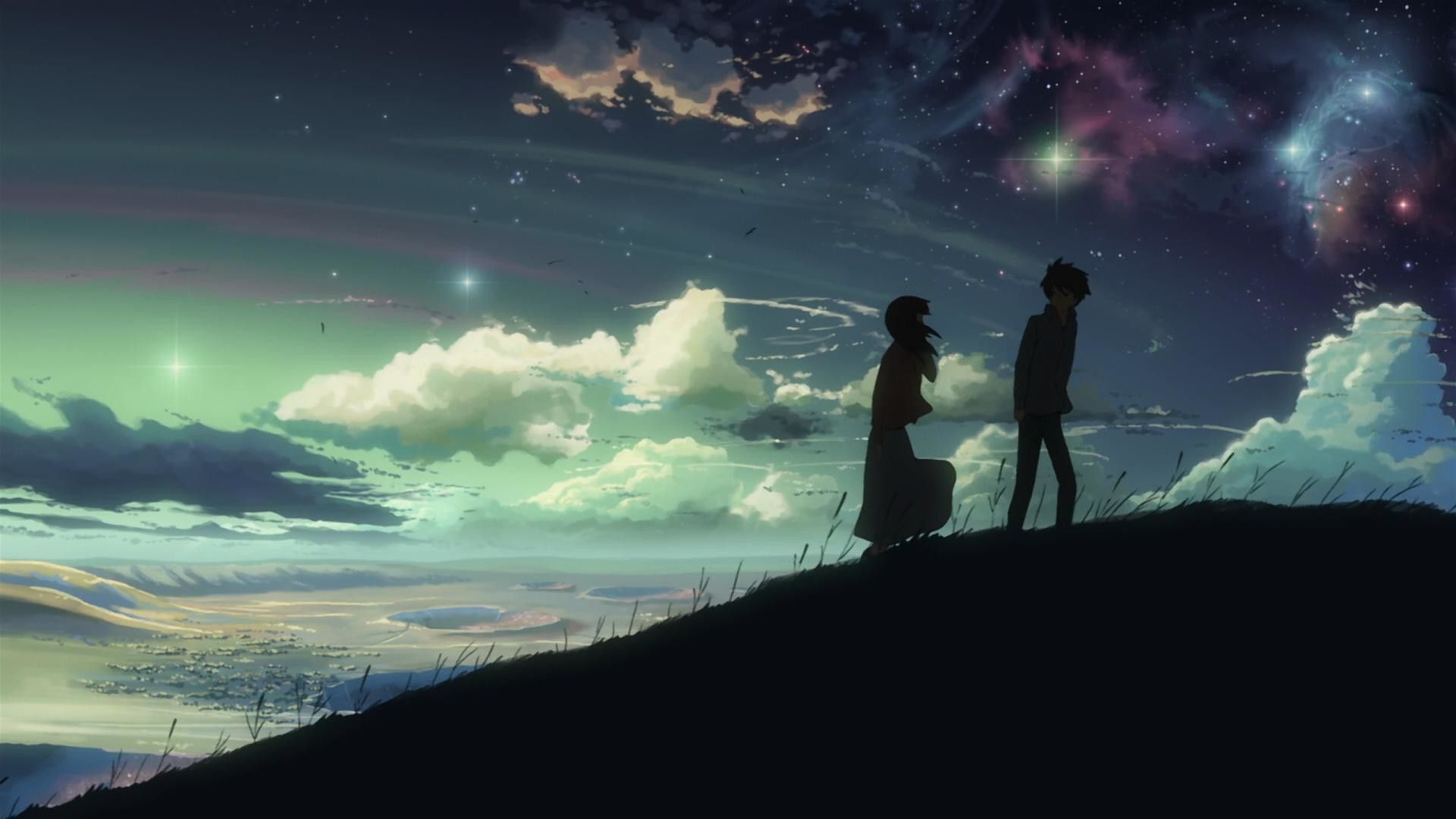 Two people standing on a hill looking at the sky - Anime landscape, dark anime, scenery