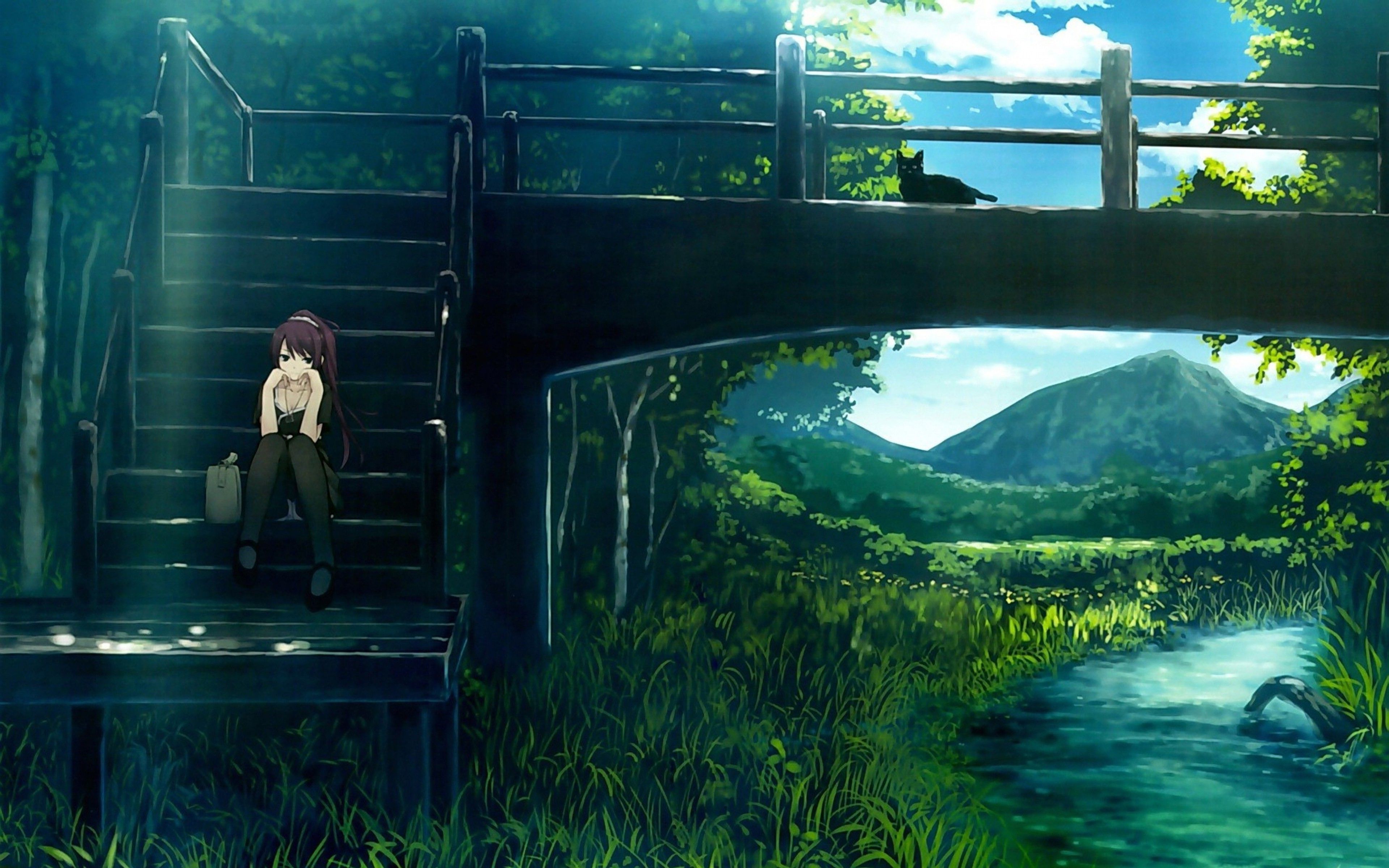A person standing on the bridge overlooking water - Anime landscape