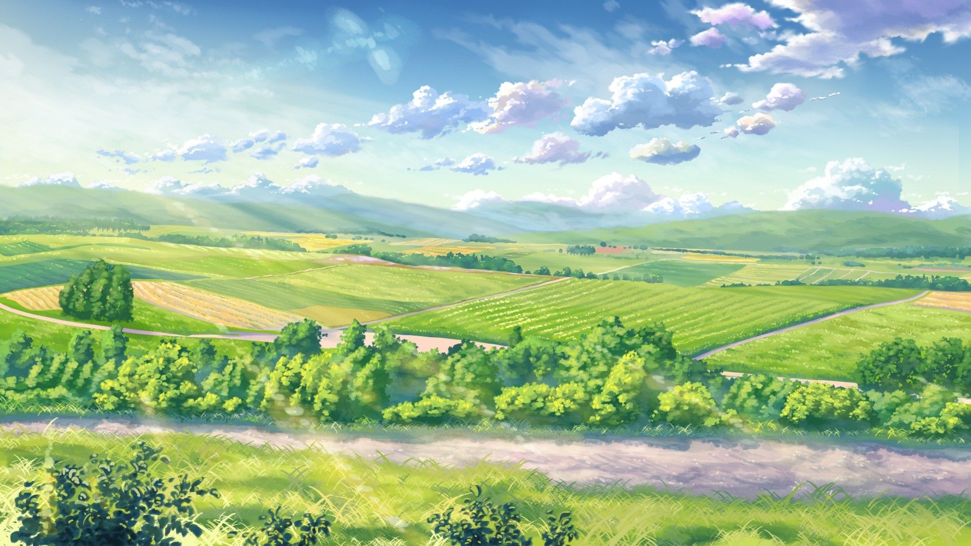 A painting of green grass and trees - Anime landscape