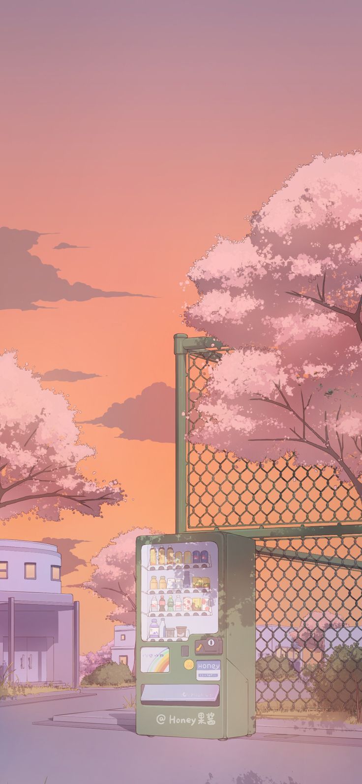 An anime style illustration of a vending machine in a pink sunset - Anime landscape