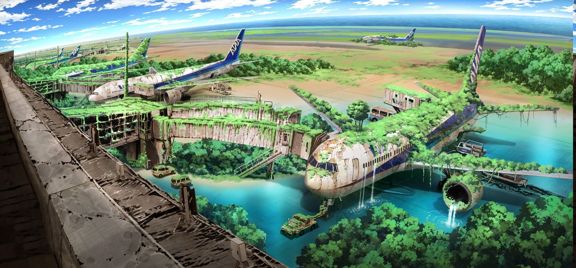 An anime landscape of an airport with abandoned planes and a beautiful river - Anime landscape