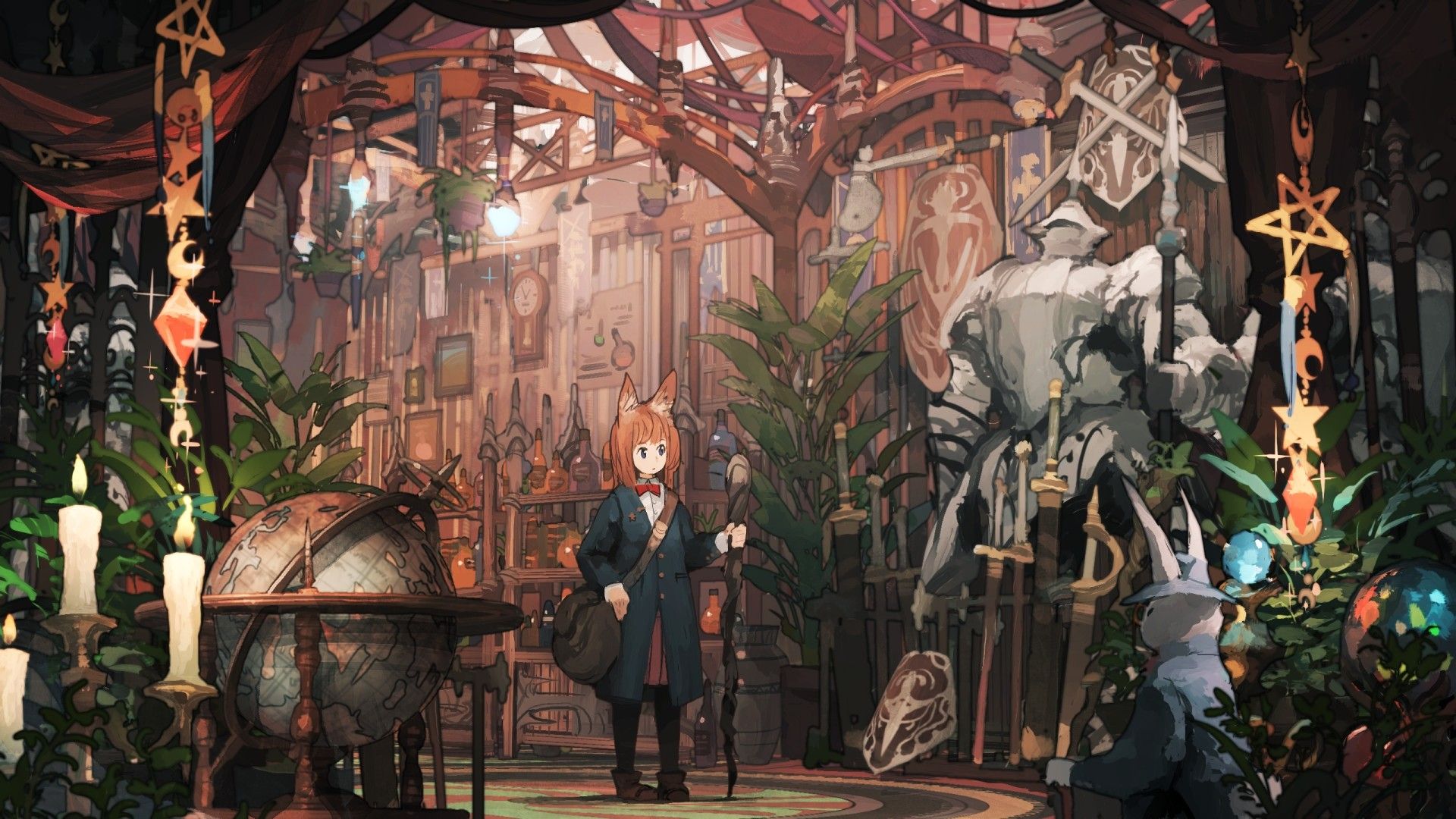 A woman is standing in front of an animated room - Anime landscape