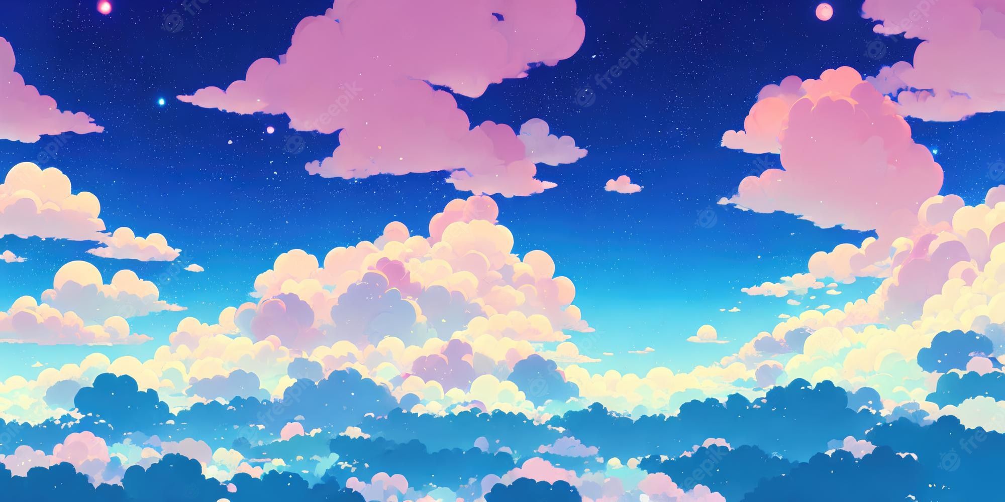A sky with clouds and trees in the background - Anime landscape