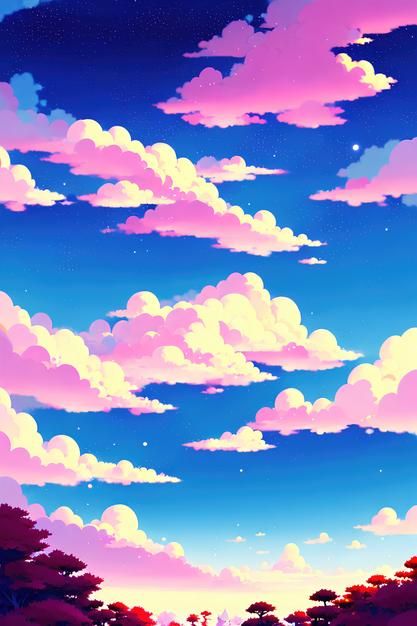 A painting of a blue sky with pink and white clouds - Anime landscape
