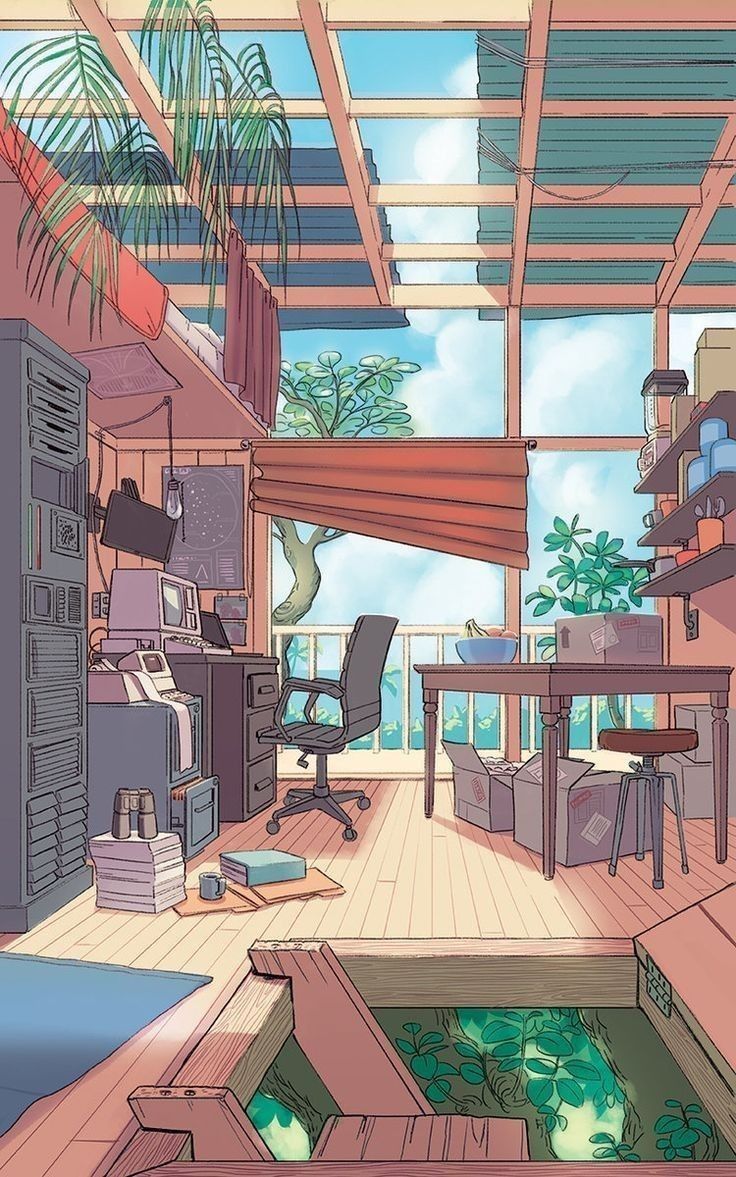 An illustration of a cozy home office with a view of the sea - Anime landscape