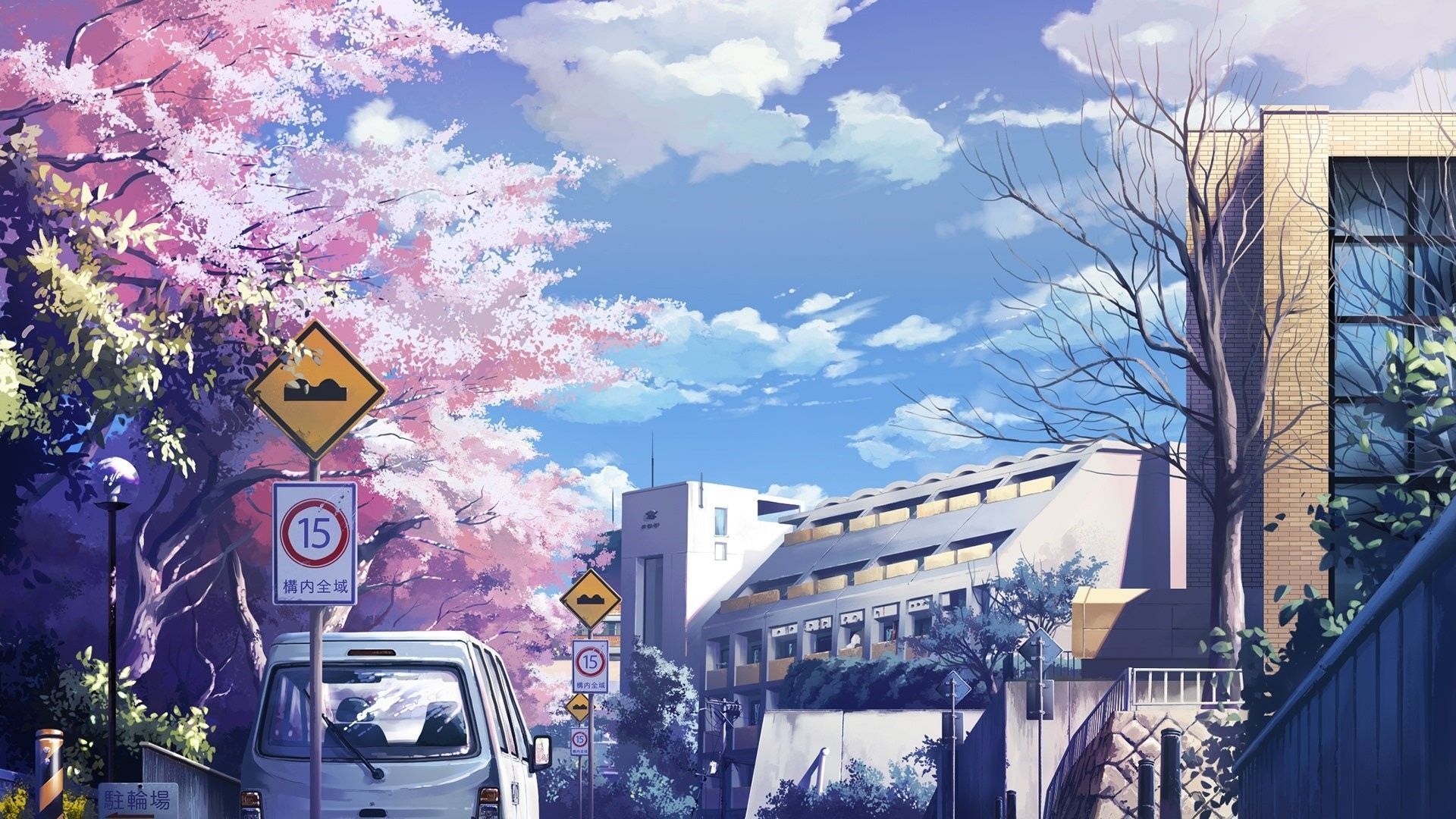 Anime scenery wallpaper with a truck and a bus - Anime landscape, anime