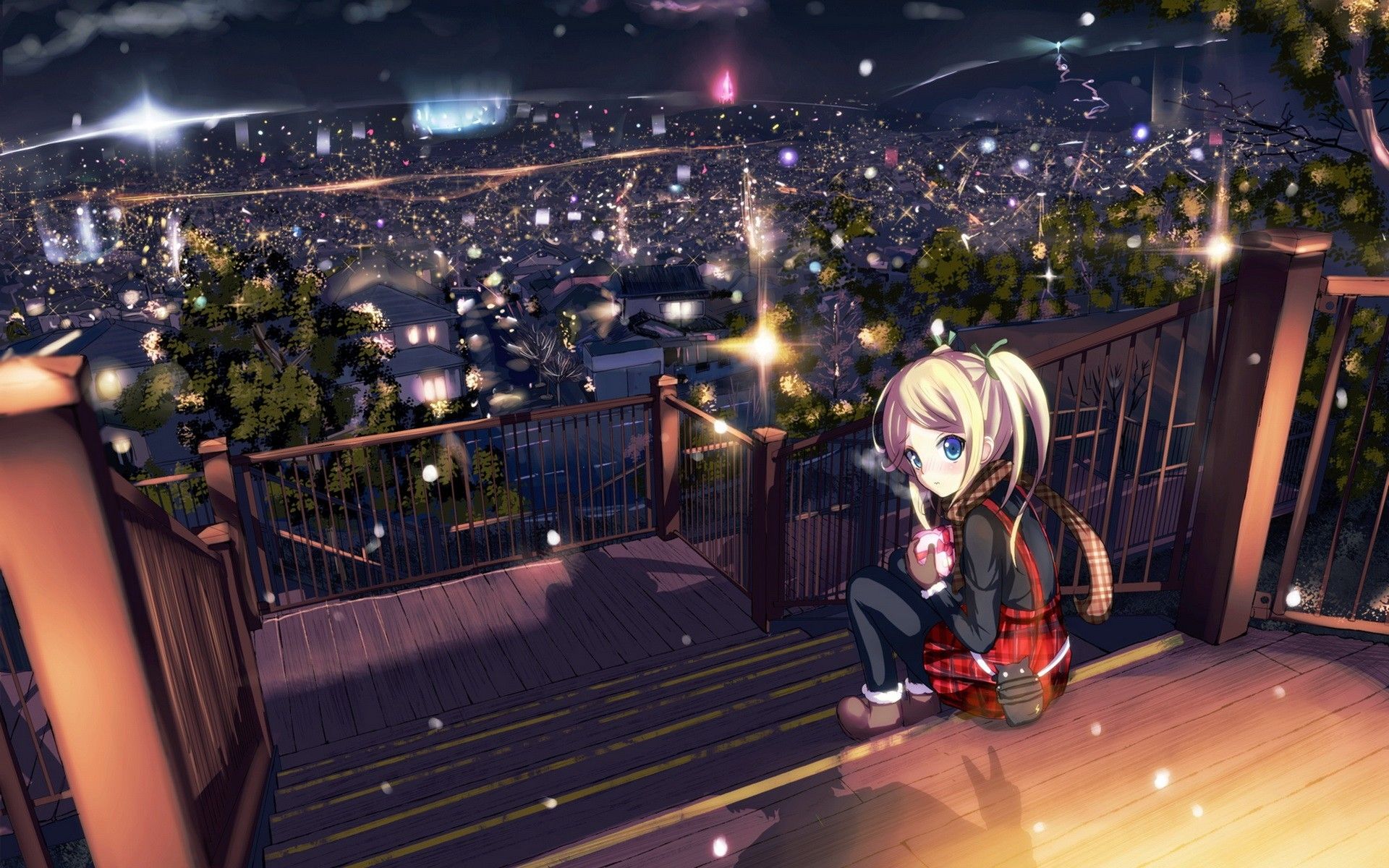 A girl sitting on the stairs looking at city lights - Anime landscape