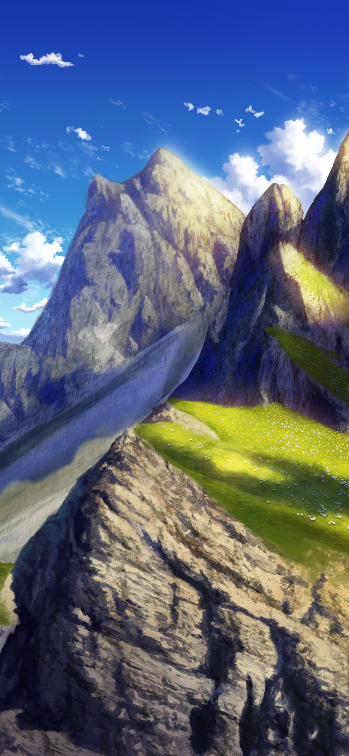 A digital painting of a grassy mountain valley with a large mountain in the background. - Anime landscape