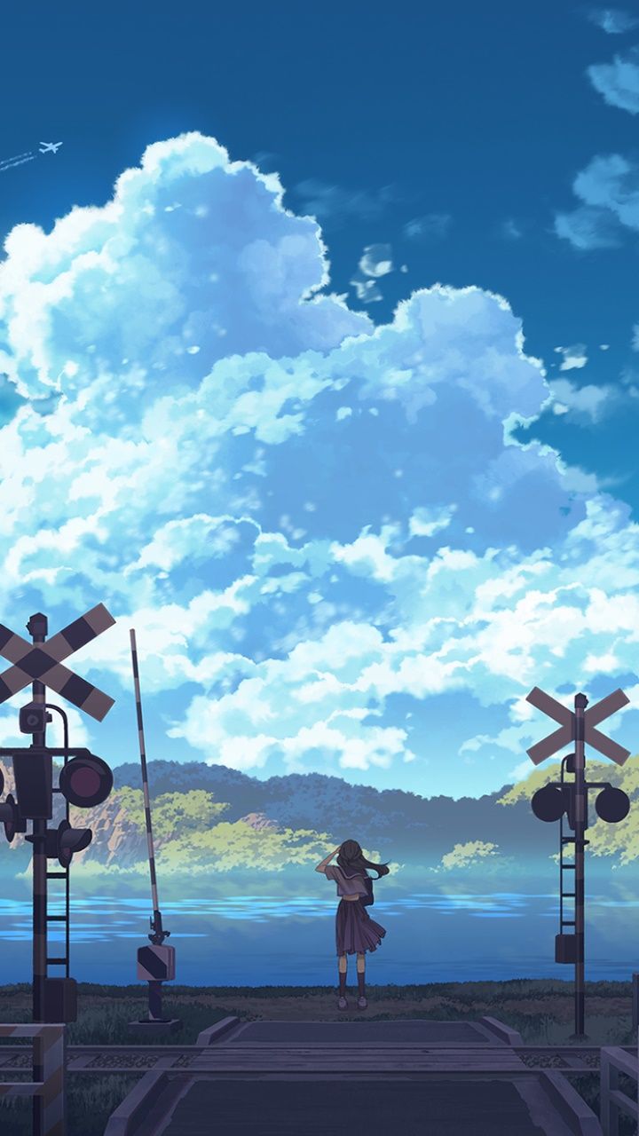 Anime girl standing on railroad tracks with a sky background - Anime landscape