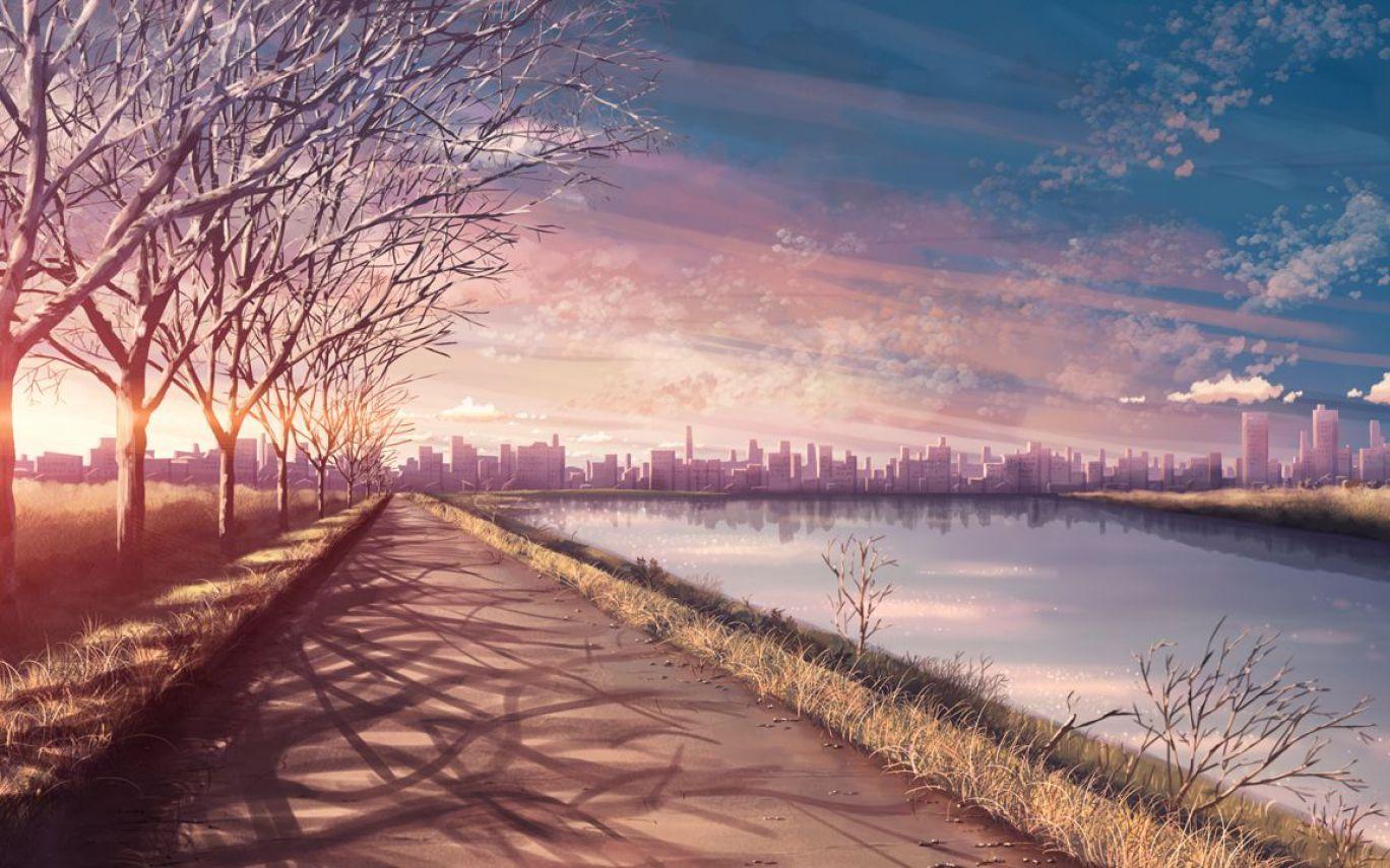 A beautiful anime scenery wallpaper of a city near a lake - Anime landscape, landscape, scenery