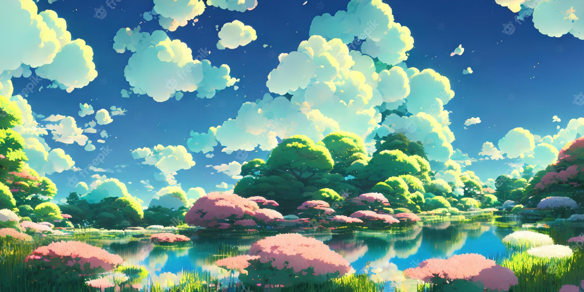 Digital painting of beautiful cherry blossom trees and sky background, illustration painting - Anime landscape