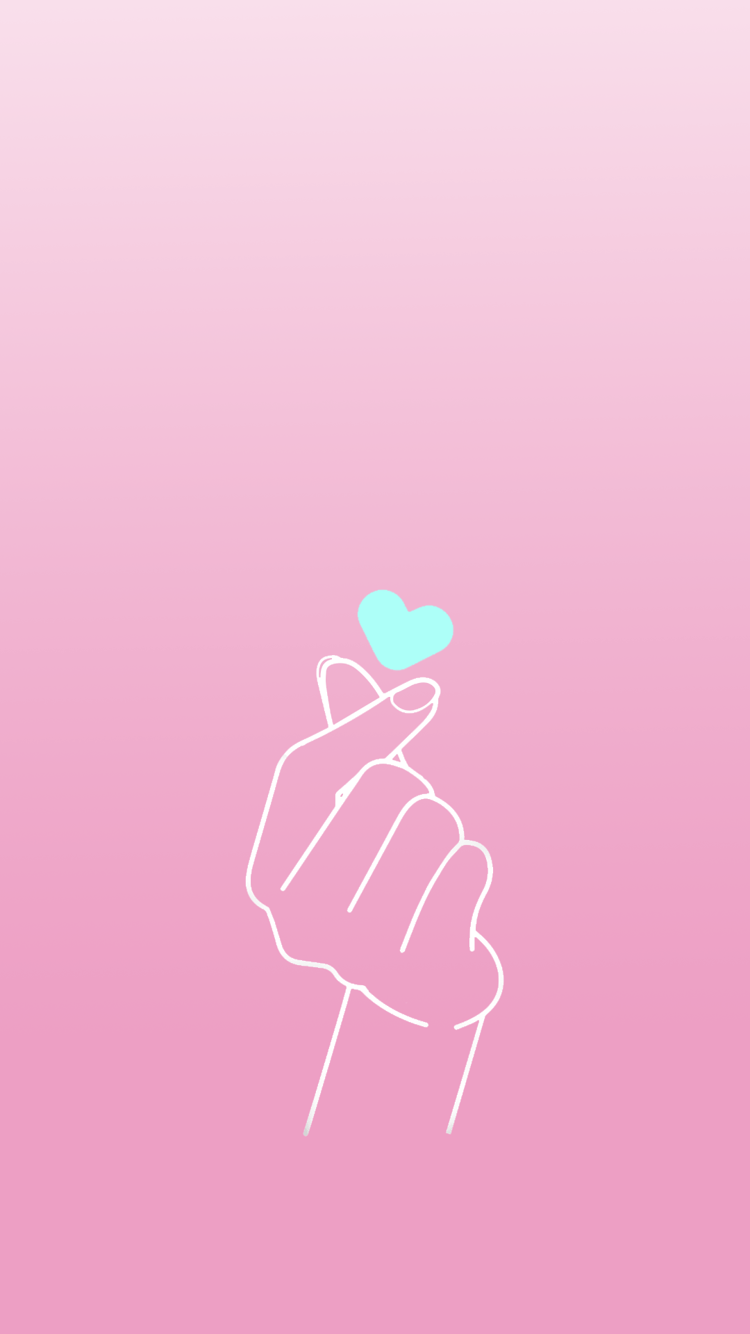 A pink background with a white outline of a hand holding a blue heart. - Pink heart