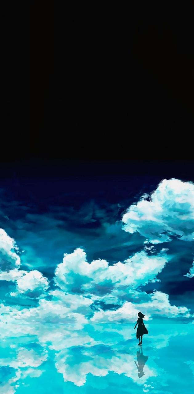 A person standing on the water with clouds in background - Anime landscape