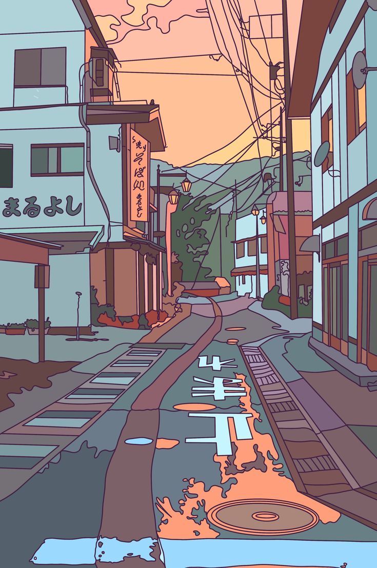 A digital painting of a Japanese town at sunset - Anime landscape