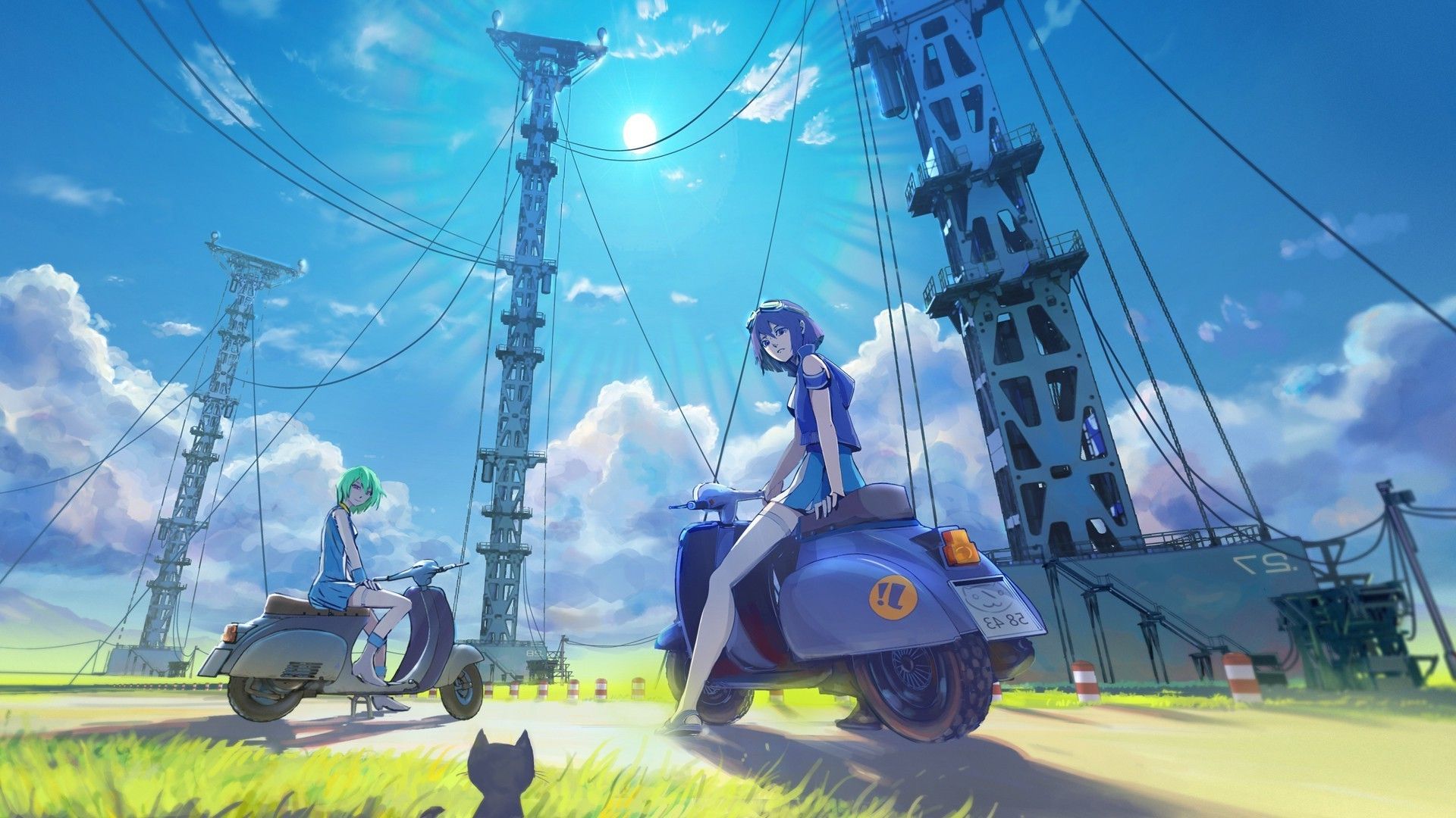 Two anime girls on a scooter wallpaper - Anime landscape