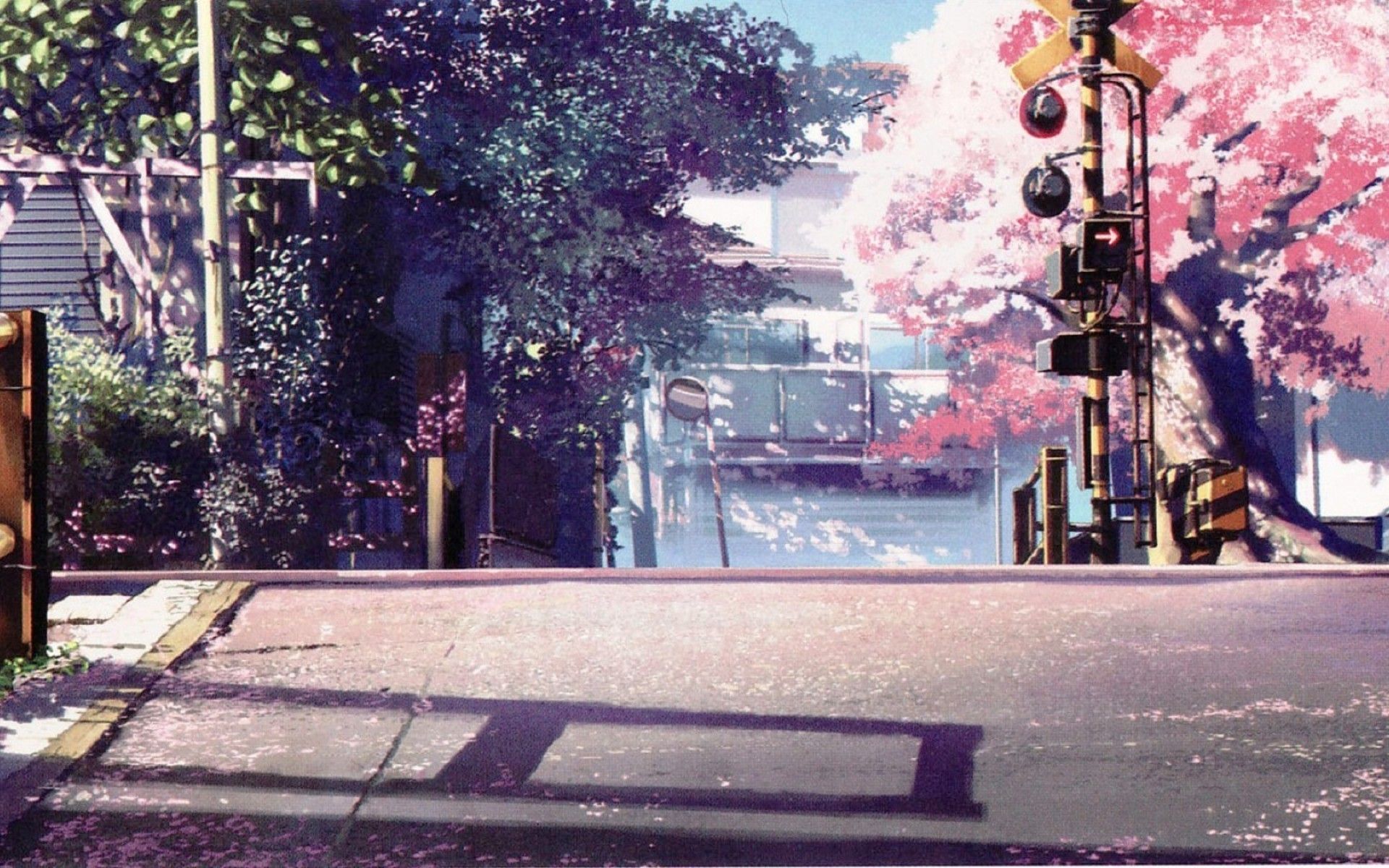 A 2d animated street with a pink tree and a train passing by - Anime landscape