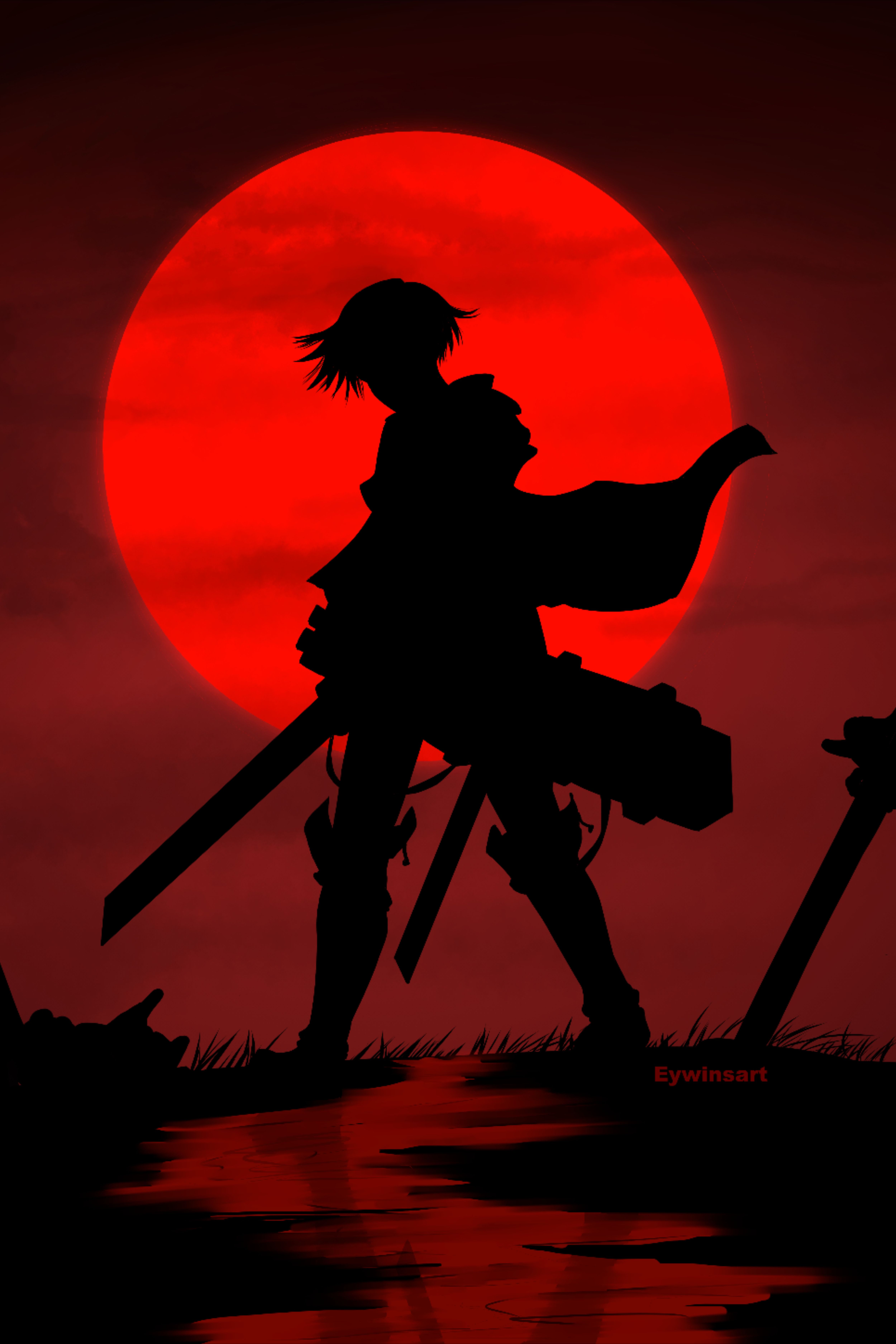 A silhouette of two people standing in front - Red, Attack On Titan