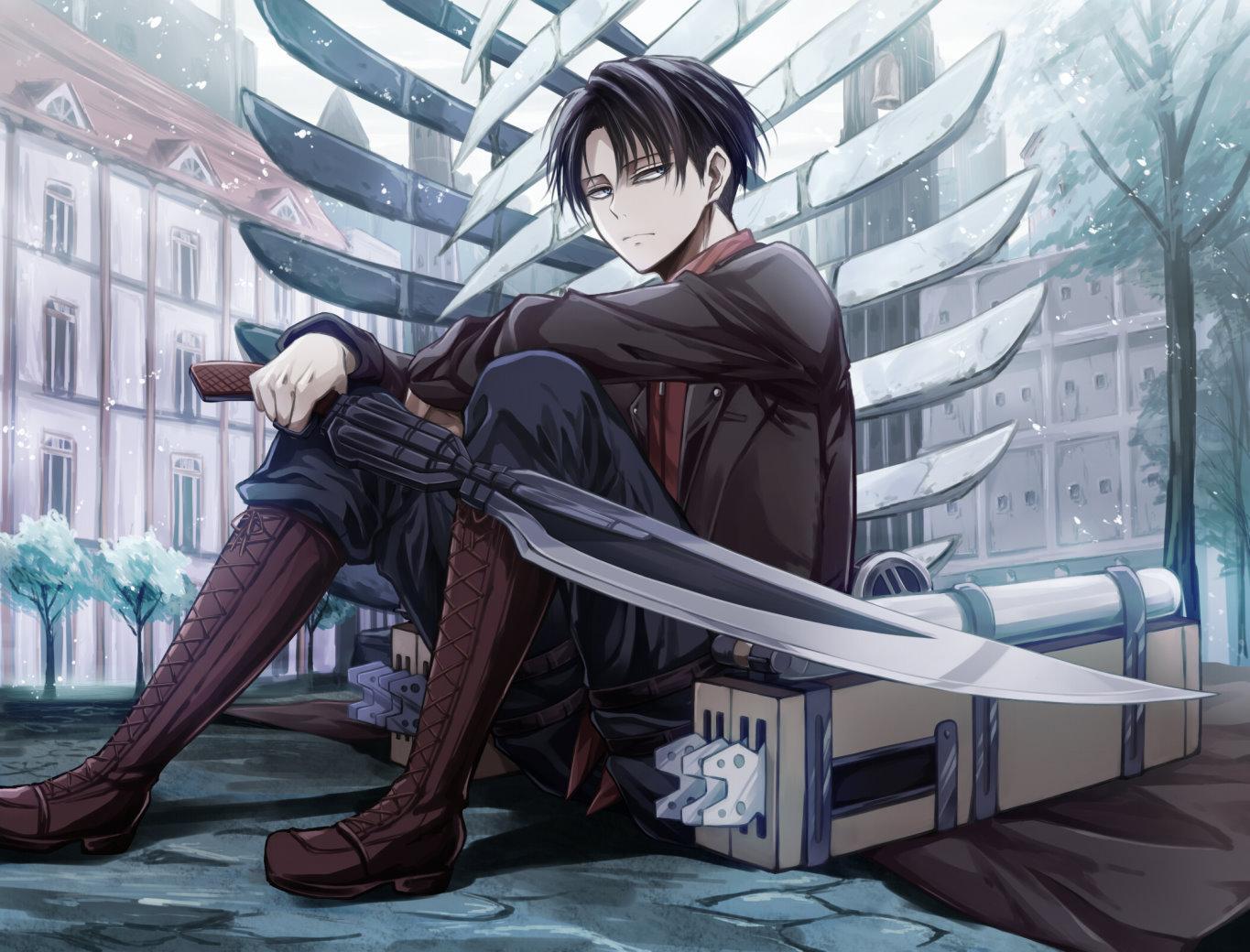 Anime character sitting on the ground with a sword - Attack On Titan