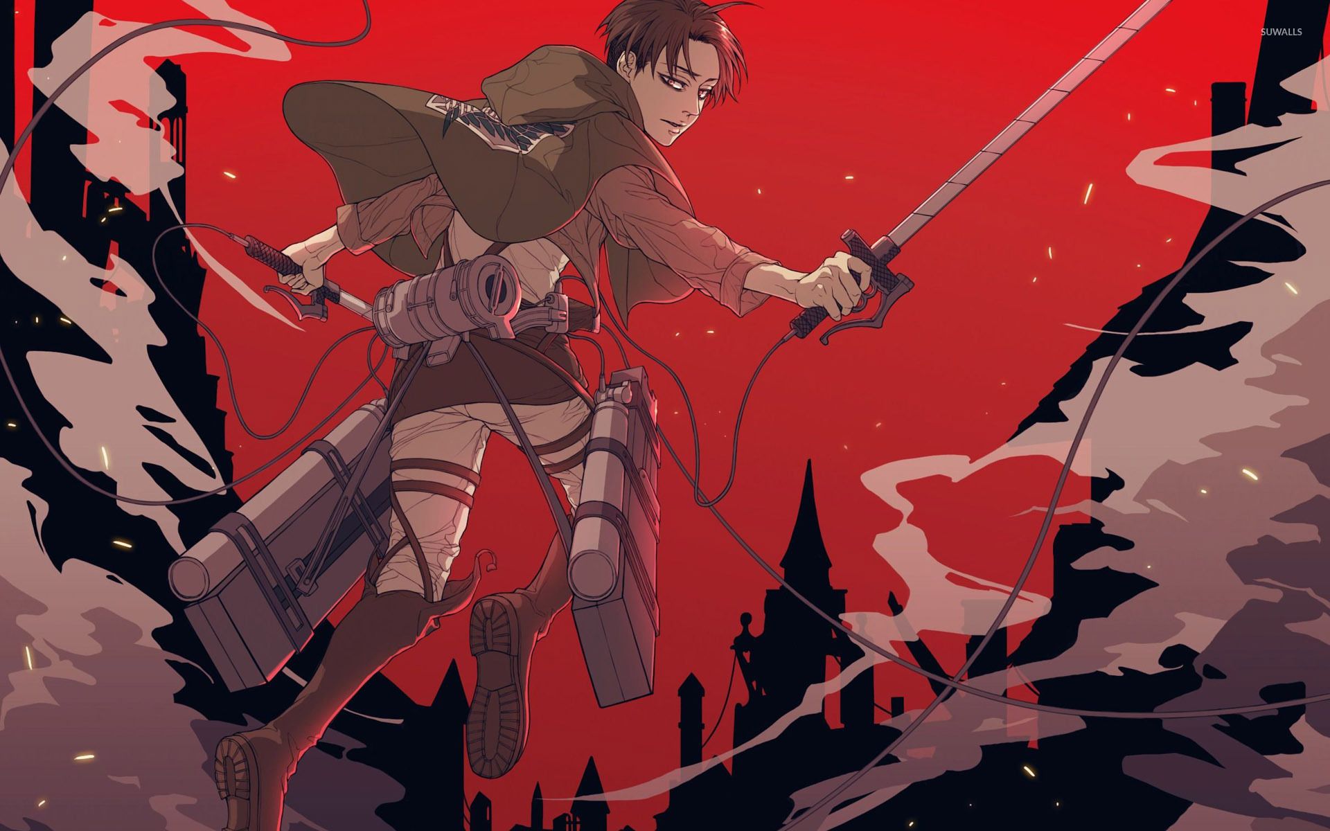 Attack on Titan anime wallpaper with Eren Yeager holding a sword and looking down at the city - Attack On Titan