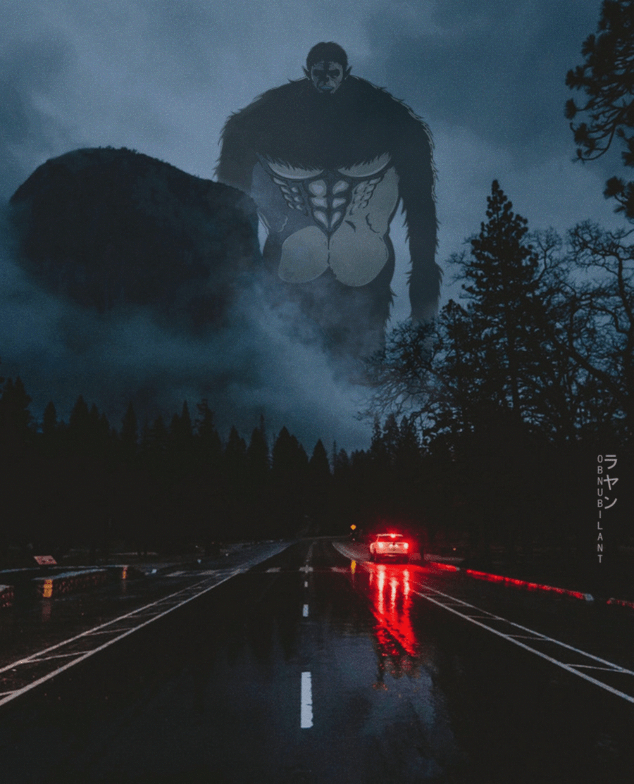 A car driving down the road at night - Attack On Titan