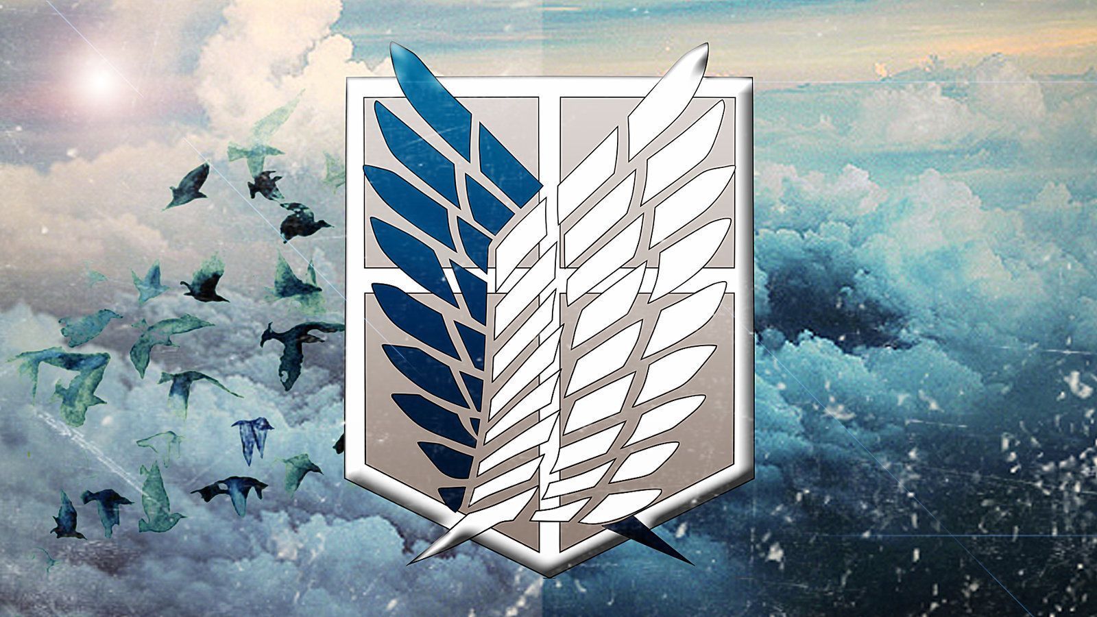 A logo with birds flying in the background - Attack On Titan