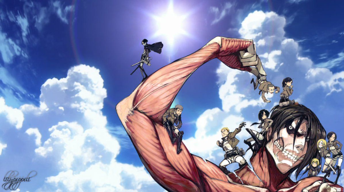 A character from Attack on Titan raises his arm in the air, with other characters riding on his arm. - Attack On Titan