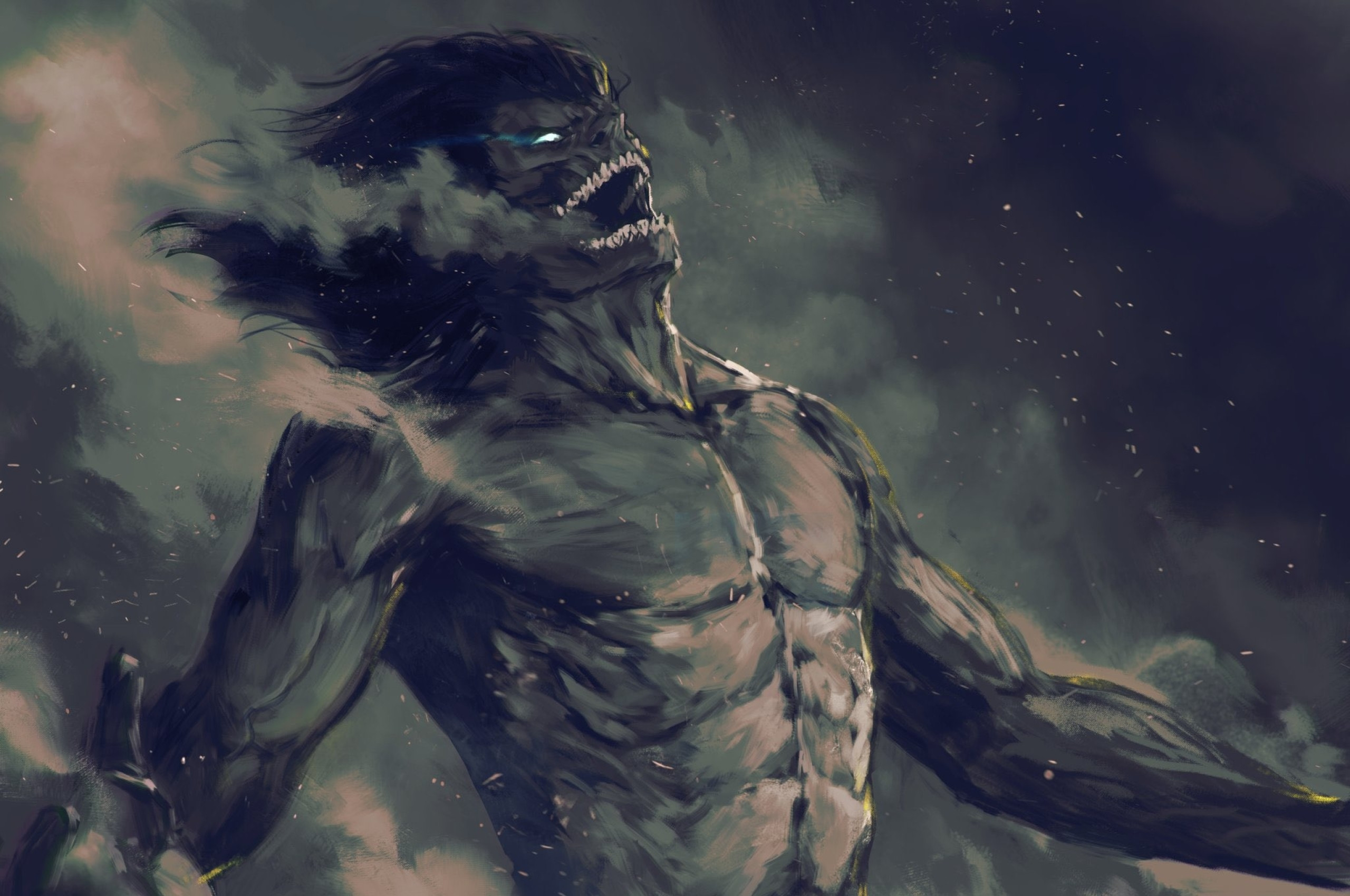 A drawing of a shirtless man with glowing eyes and teeth, with his arms outstretched and hair blowing in the wind. - Attack On Titan