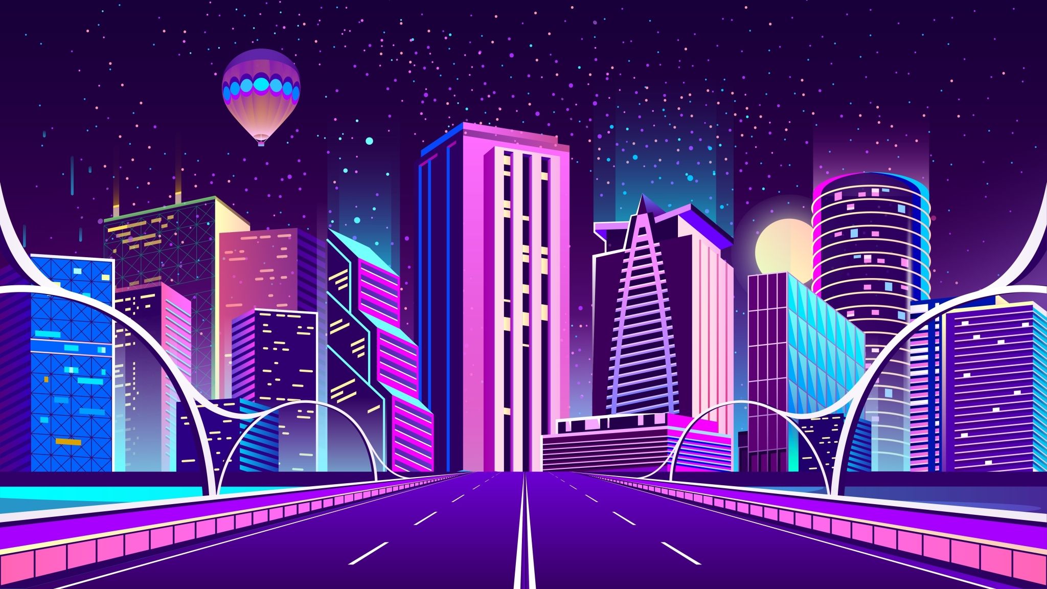 A futuristic city with neon lights and buildings - 2048x1152