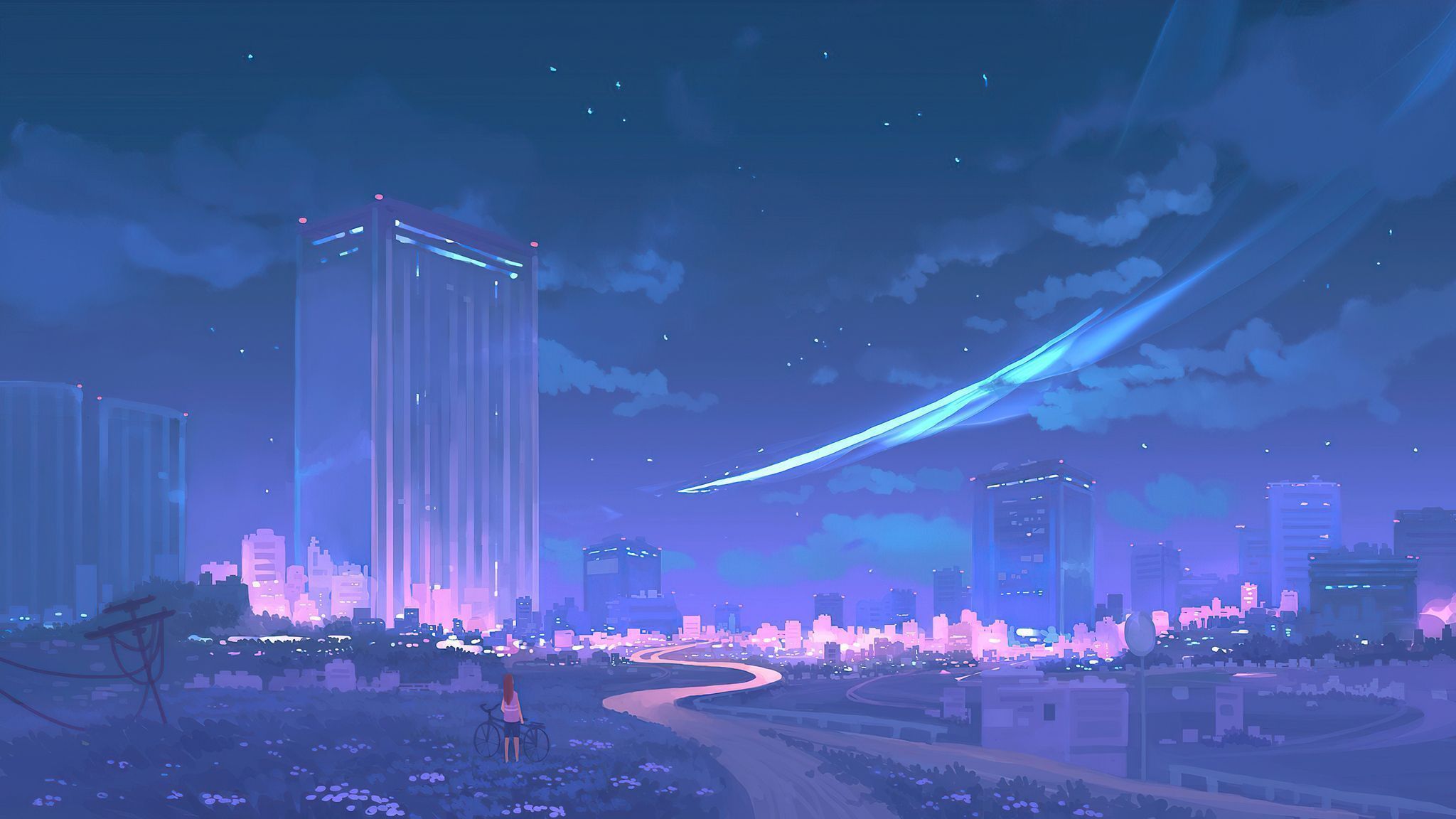 A digital painting of a city at night with a blue and purple color scheme. - 2048x1152