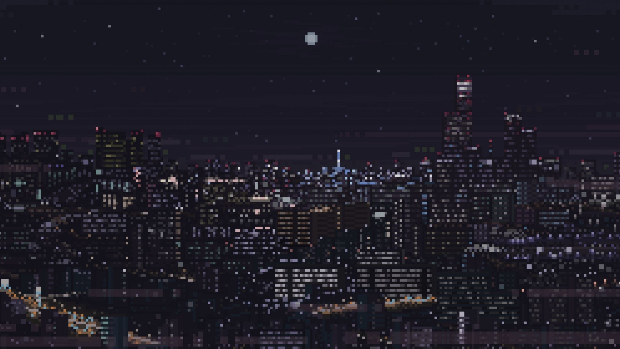 A pixel art image of a city at night with a full moon - 2048x1152