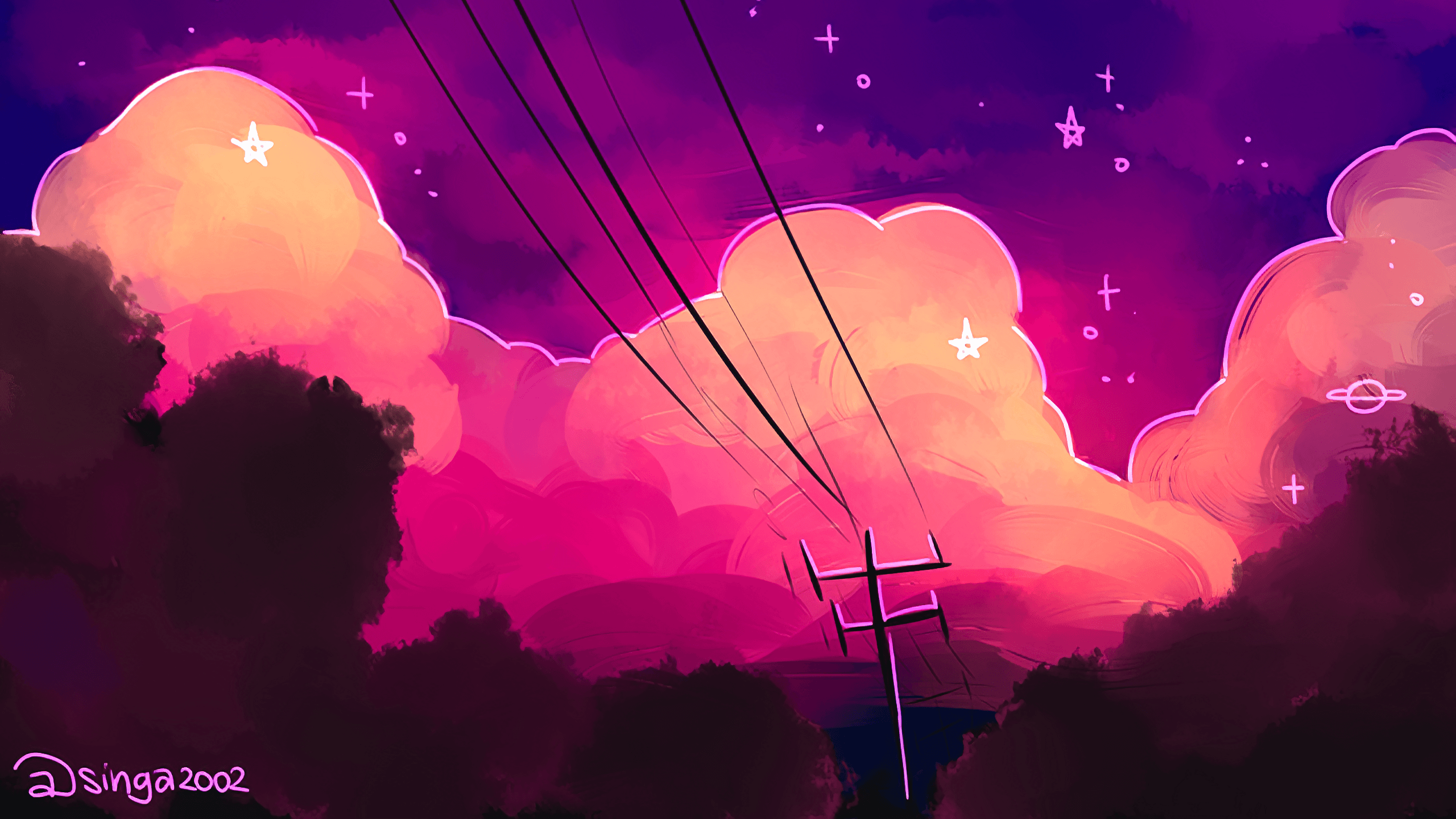 A painting of the sky with clouds and electric poles - 2560x1440