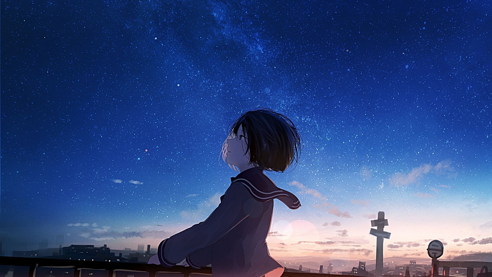 Download wallpaper 2048x1152 starry night, anime girl, original, dual wide 2048x1152 HD background, 9503