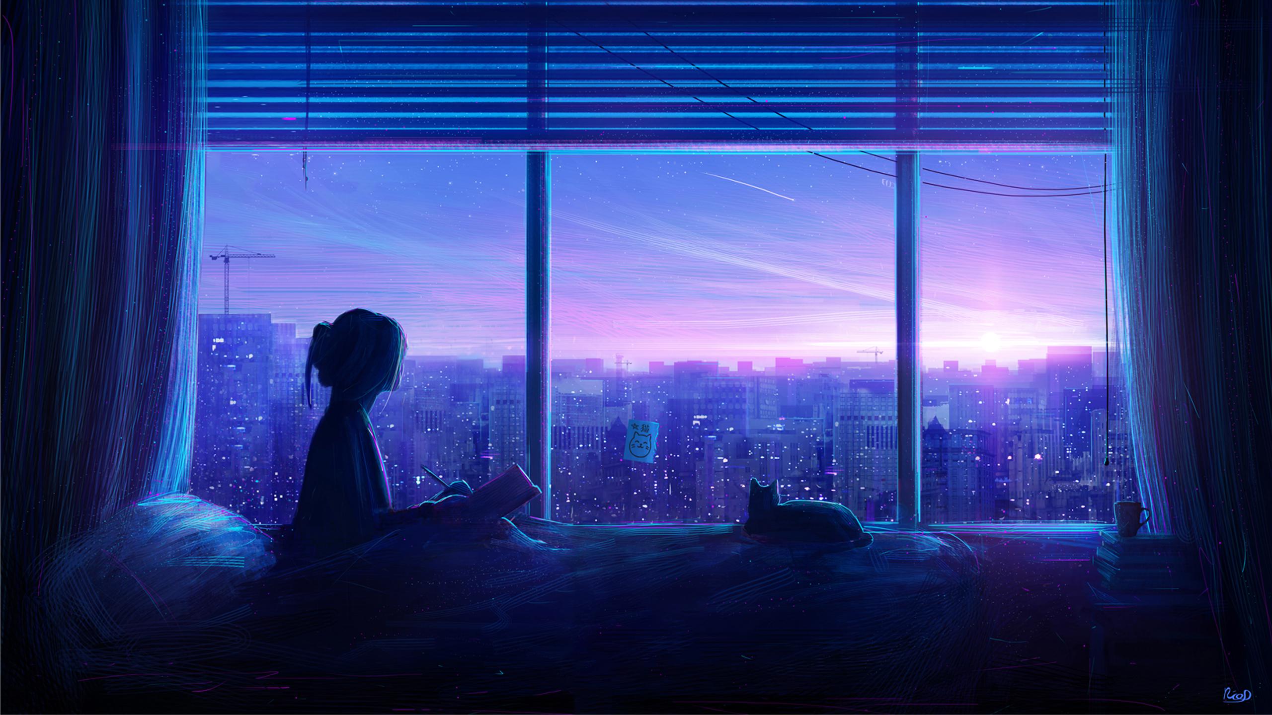 A woman and her cat watch the sunset over the city from the comfort of their home. - 2560x1440